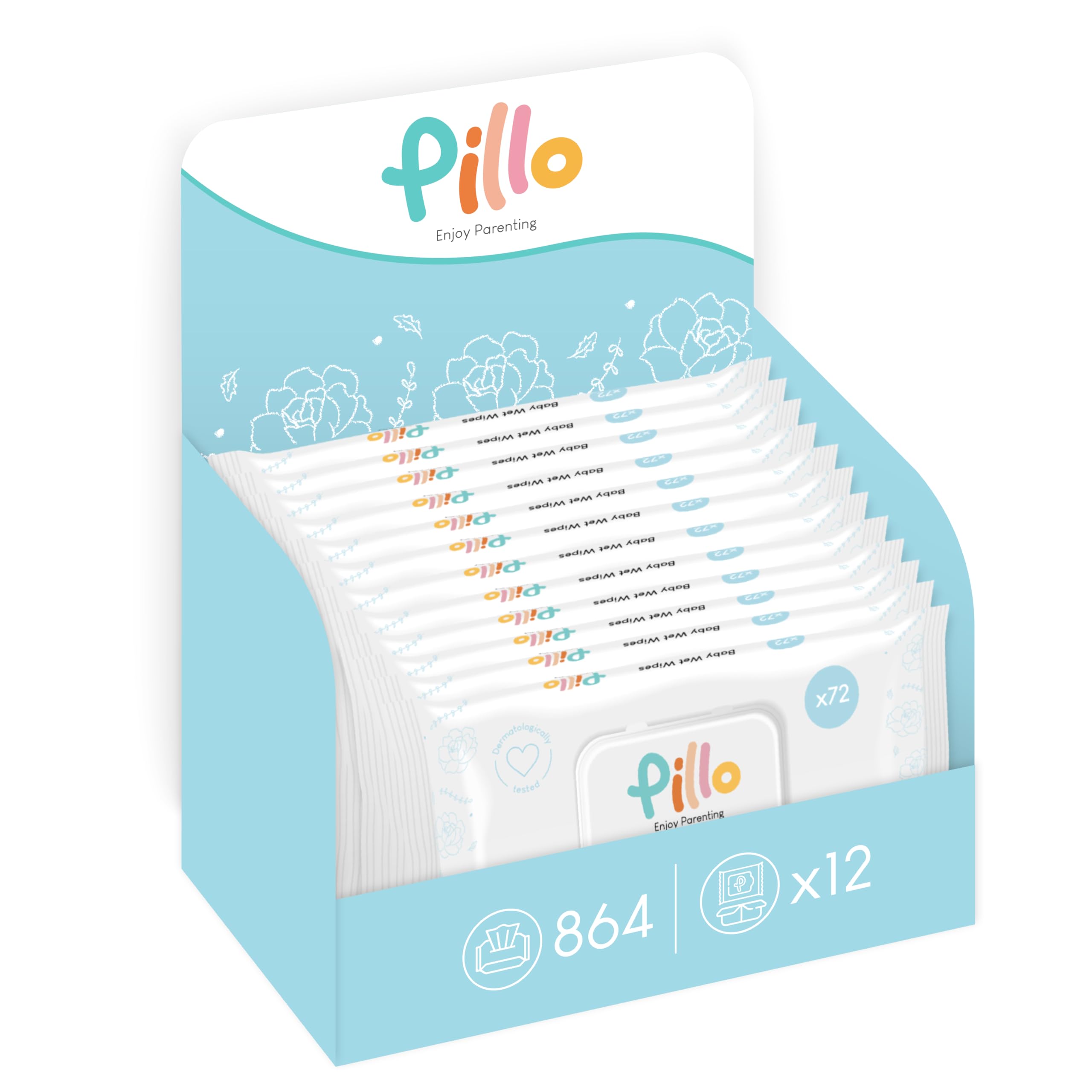 Pillo Salviette Neonato - 576x Salviettine Umidificate Bambini - 8 Confezioni da 72 Salviette Baby Disinfettanti - 99,6% di Ingredienti di Origine Naturale con Aloe Vera e Acqua Attiva di Avena
