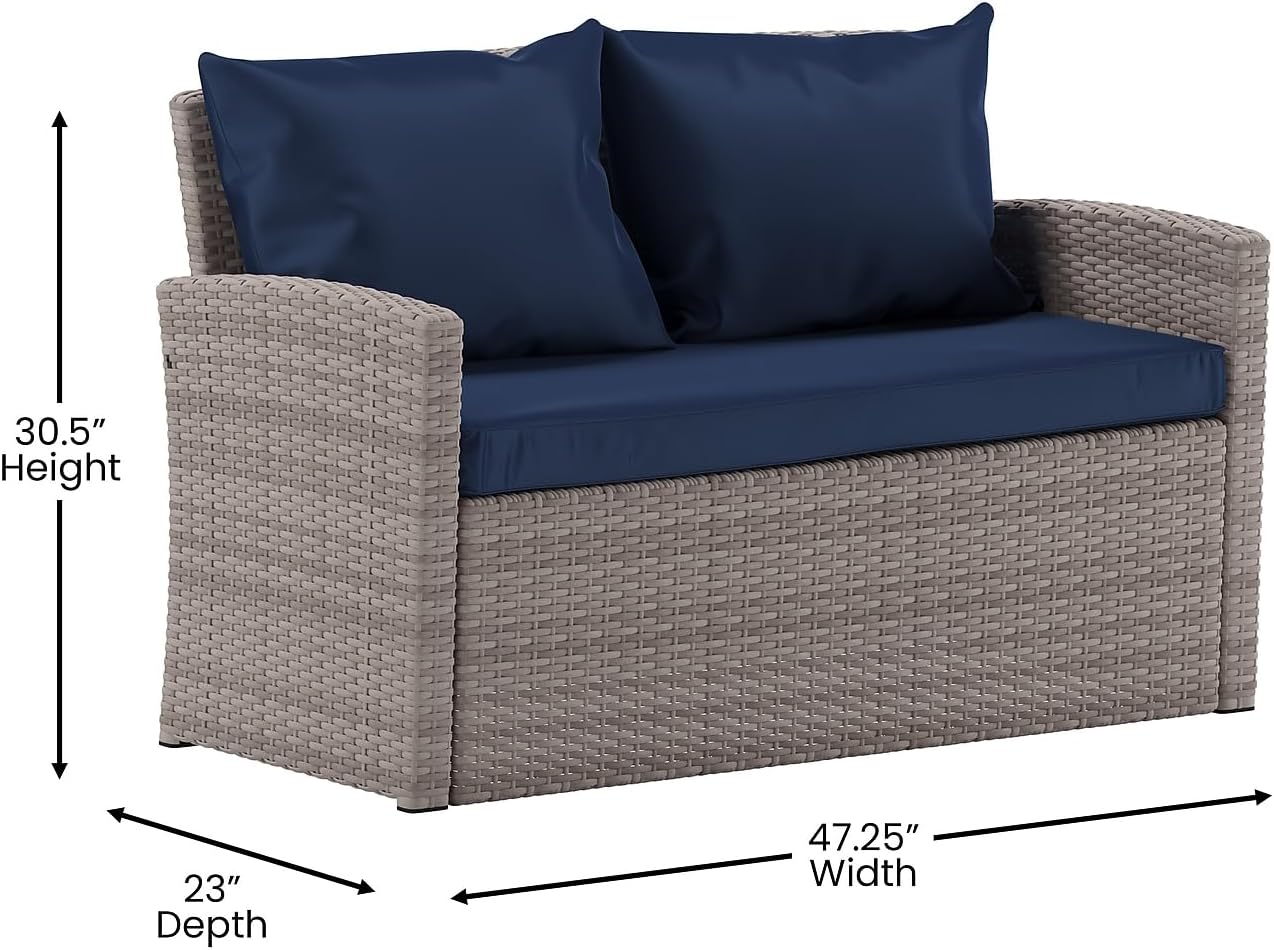 Flash Furniture Aransas Series 4 Piece Light Gray Patio Set with Navy Back Pillows and Seat Cushions