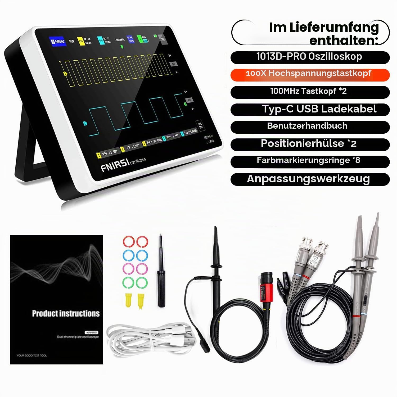 1013D PRO Oszilloskop 100mhz, Digitales Tablet Oszilloskop 2 Kanal | Handheld Digital Oscilloscope mit 100X Oszilloskop Probe, 1GS/s, für Kfz Werkstatt elektrik, Speicher für 1000 Screenshots