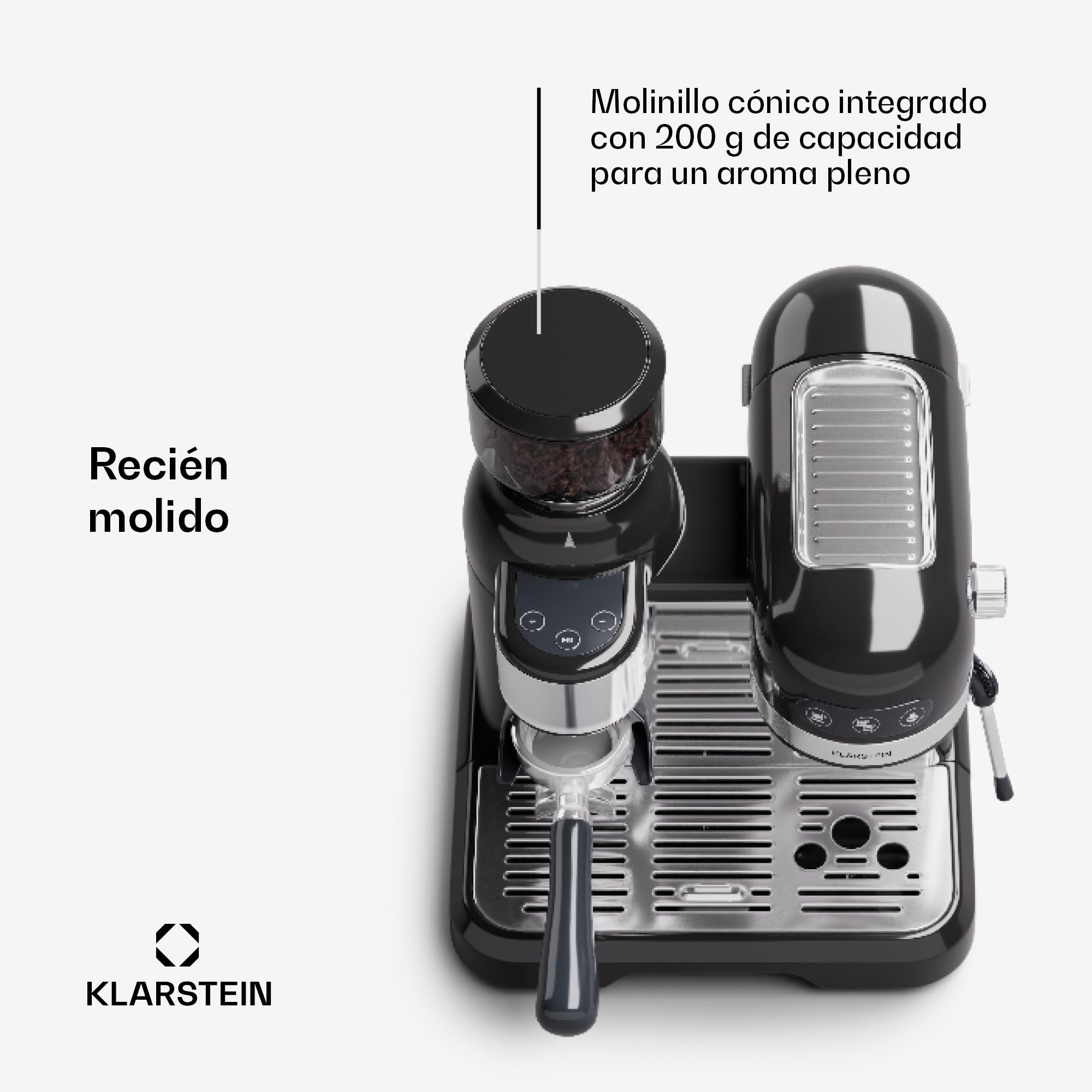 KLARSTEIN Cafetera Expresso Automatica con Espumador de Leche, Cafetera Espresso 1.4 l. Cafeteras, Pequeña de Acero Inoxidable 1550W para Capuccino, Cafetera Automatica, Maquina de Cafe