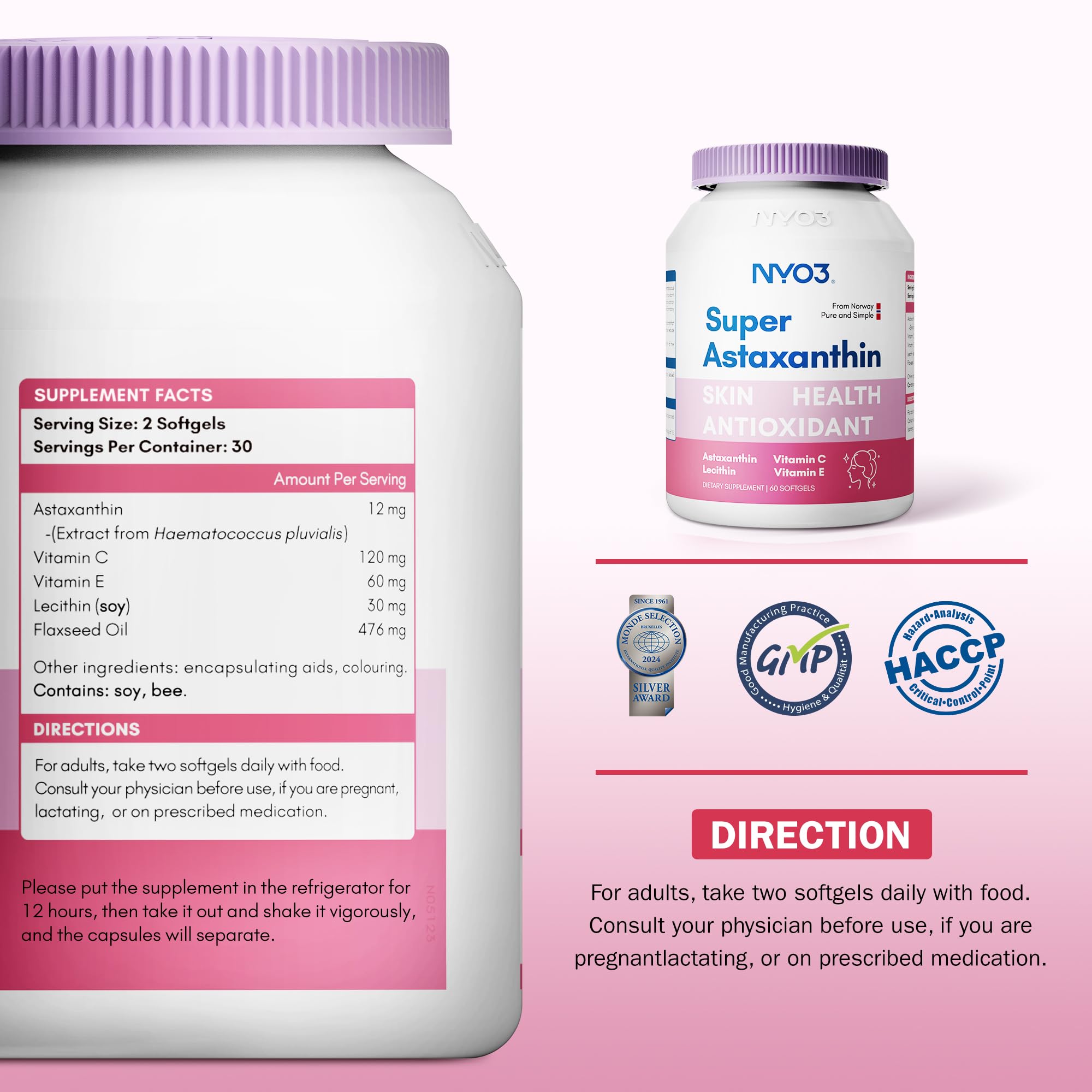 NYO3 Astaxanthine 12mg, compléments alimentaires antioxydants premium avec vitamines C et E, lécithine et huile de lin, 60 gélules molles, source fraîche de microalgues