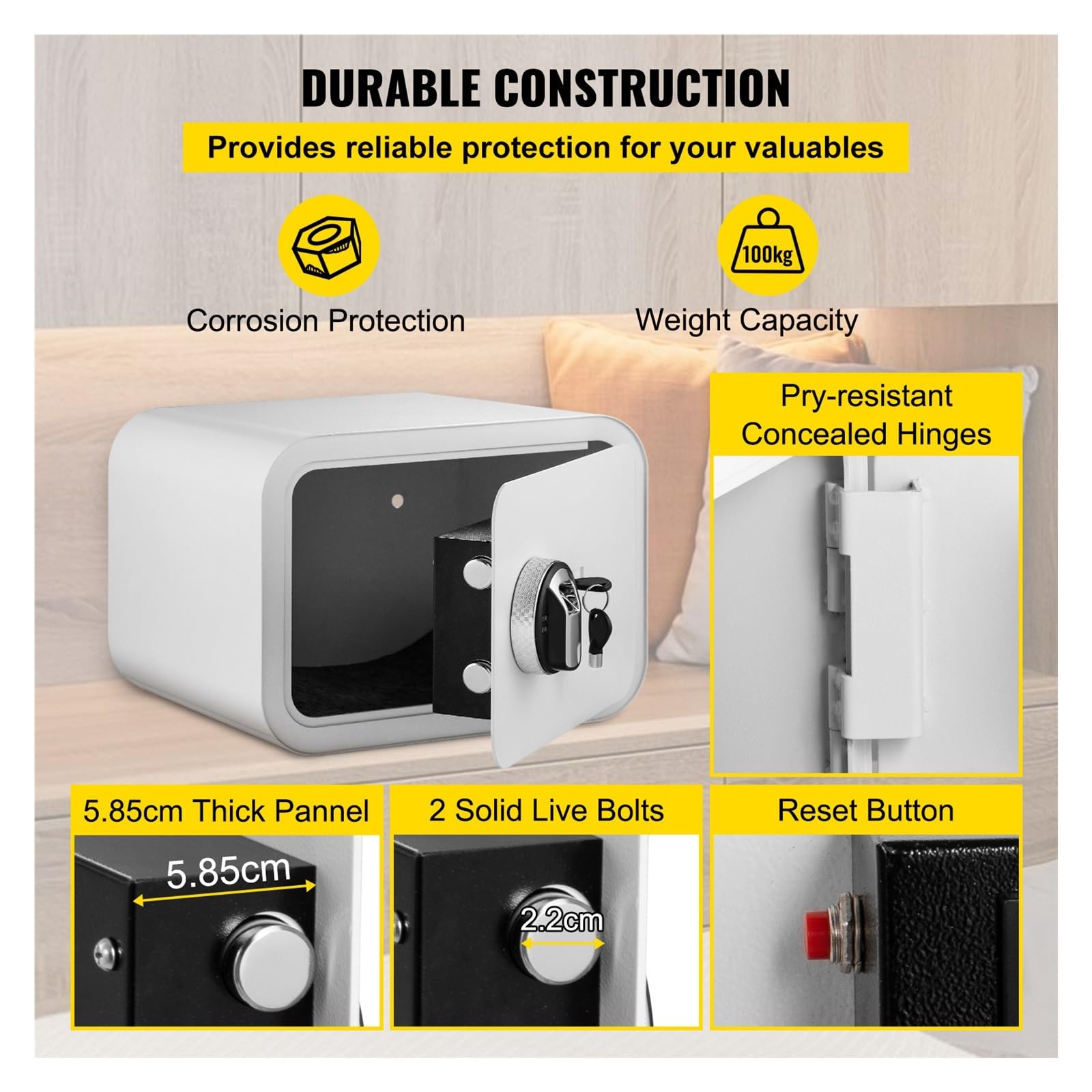 Coffre-fort à empreintes digitales pour clés - 0,5 m³ - Boîte de dépôt cachée avec 2 clés - Rangement sécurisé de l'argent pour la maison et le bureau - Idéal pour la location (blanc)
