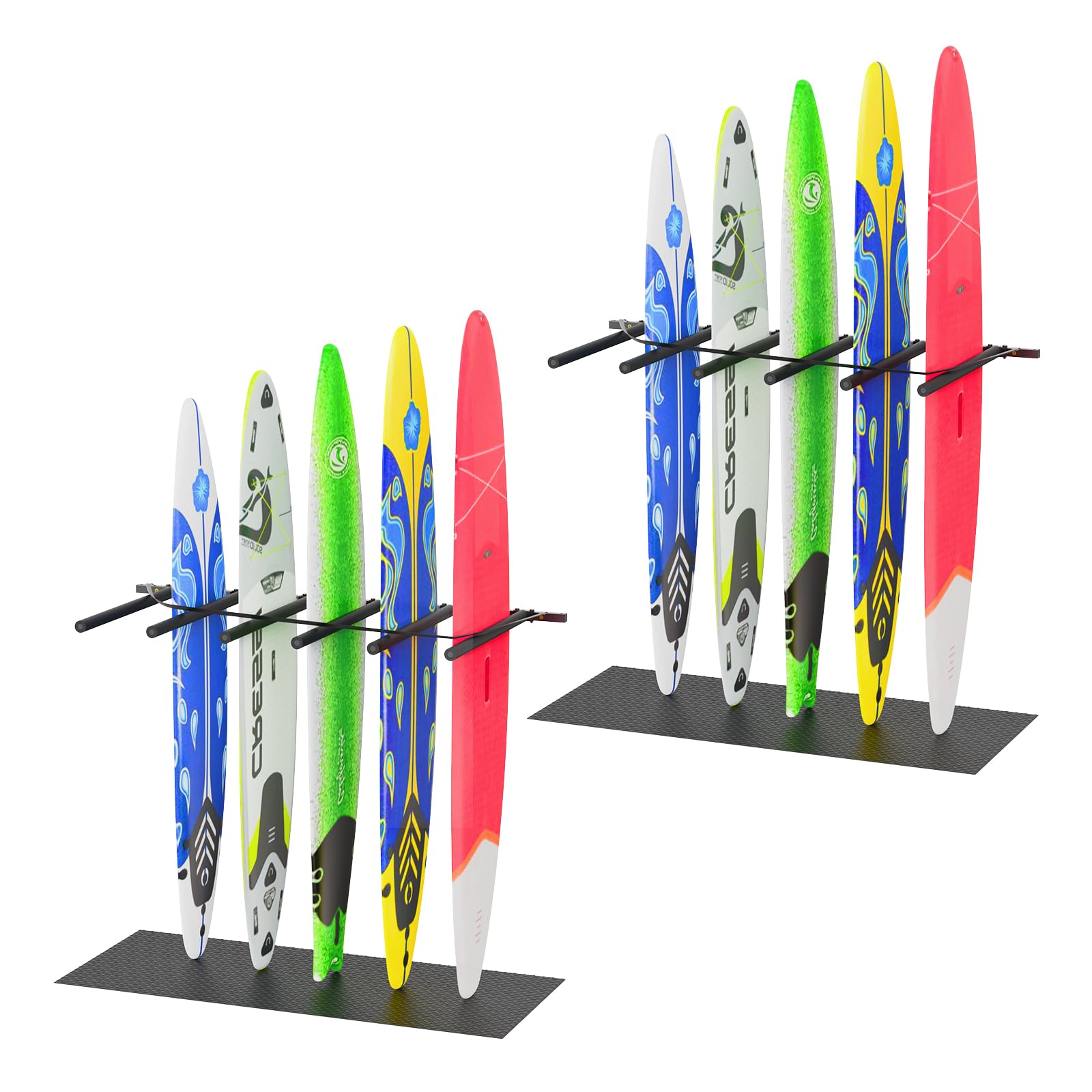 Vertical Surfboard Rack for Wall, Surfboard Wall Mount with Bungee Cord and Rubber Mat, 4/6 Arms Metal Garage Surfboard Stand Wall Decor for Surf Board, Paddle Board SUP, Wakeboard, Snowboard