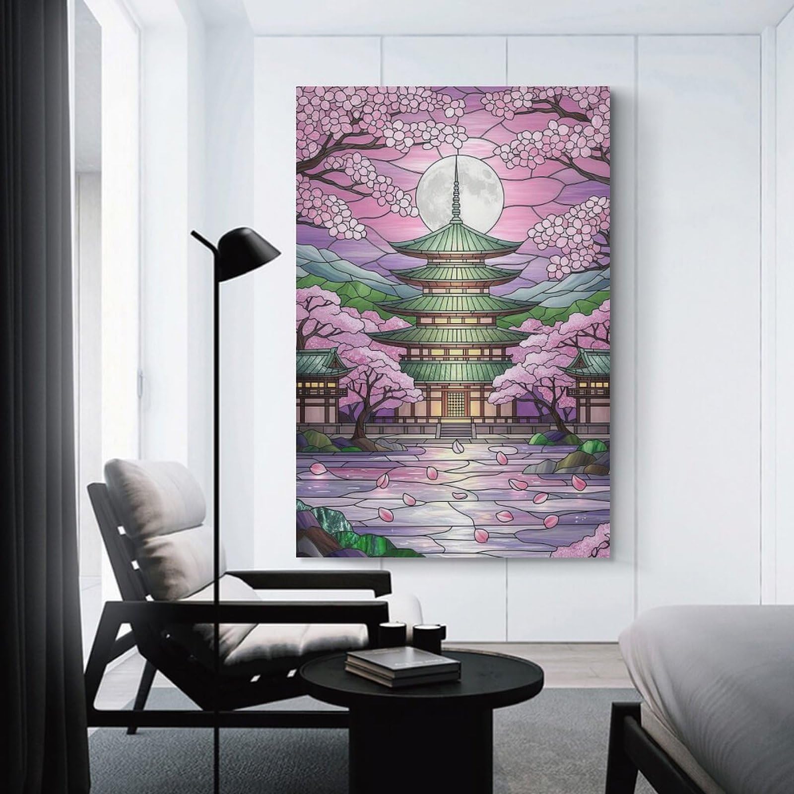 Junmoney Unframe-Style Decorative Wall Artwork Japanese Cherry Pagoda Stained Glass, 24X36inch(60X90cm), For New Homes, Bedrooms Or Workspaces, Canvas Artwork With Gifting Potential