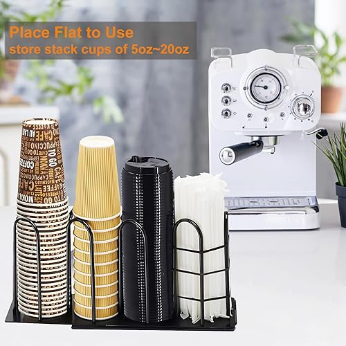 Miniatura 6 de Dispensador de tazas de café, soporte ajustable de metal con 4 compartimentos para tazas y tapas, organizador de estación de café para tazas, tapas,