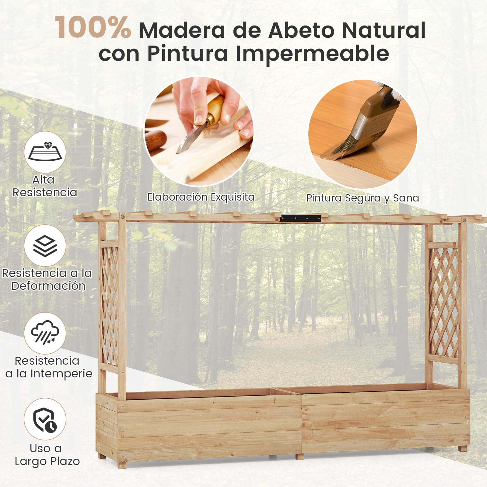 COSTWAY Jardinera Elevado con Enrejado, Techo Colgante, Macetero, Orificios de Drenaje, Contenedor Vertical para Plantas Trepadoras, Macetero de Madera para Jardín Patio (200 x 44 x 114 cm, Natural)