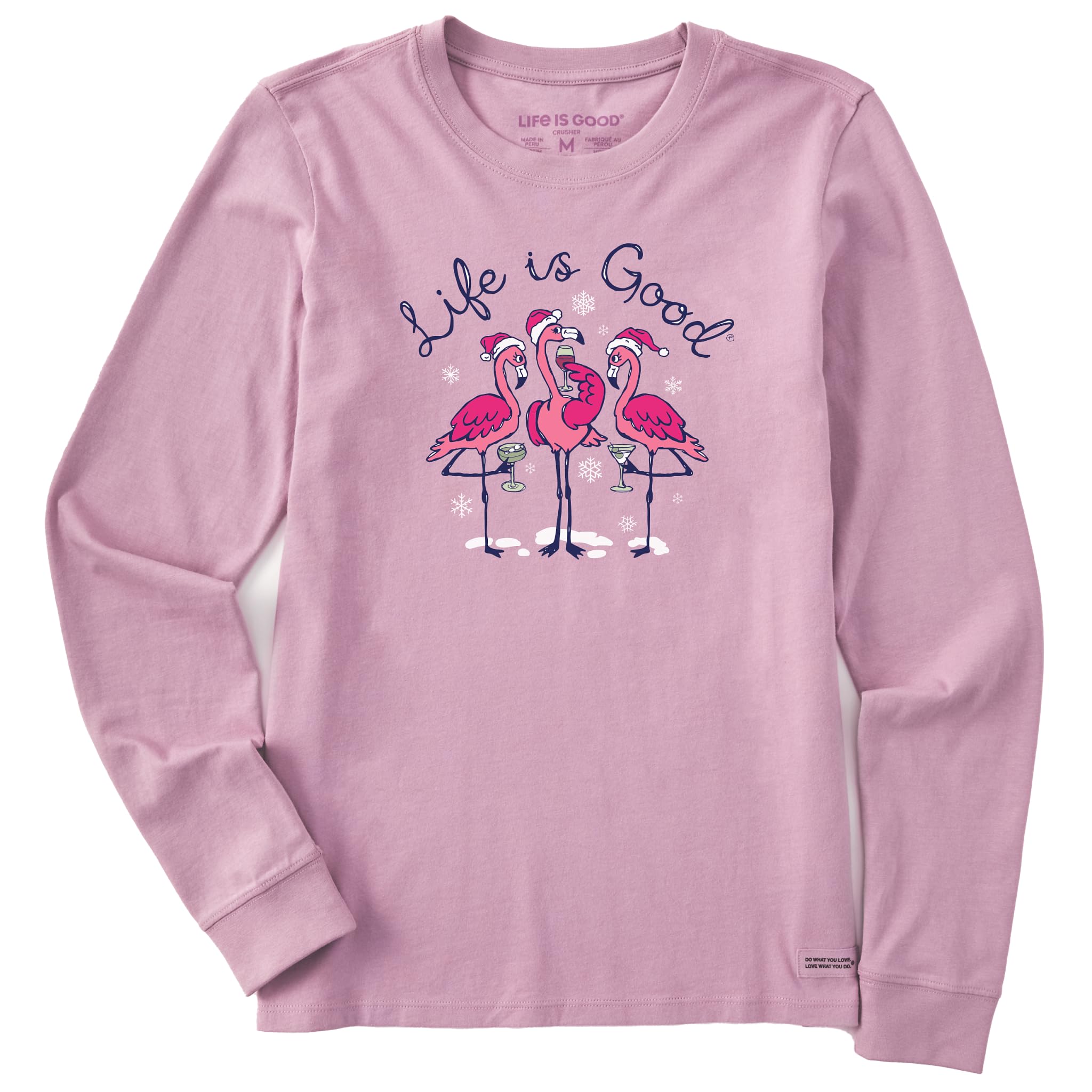 Life is Good Women's Standard Flamingo Holiday Cocktails Long Sleeve Crusher Tee, Violet Purple