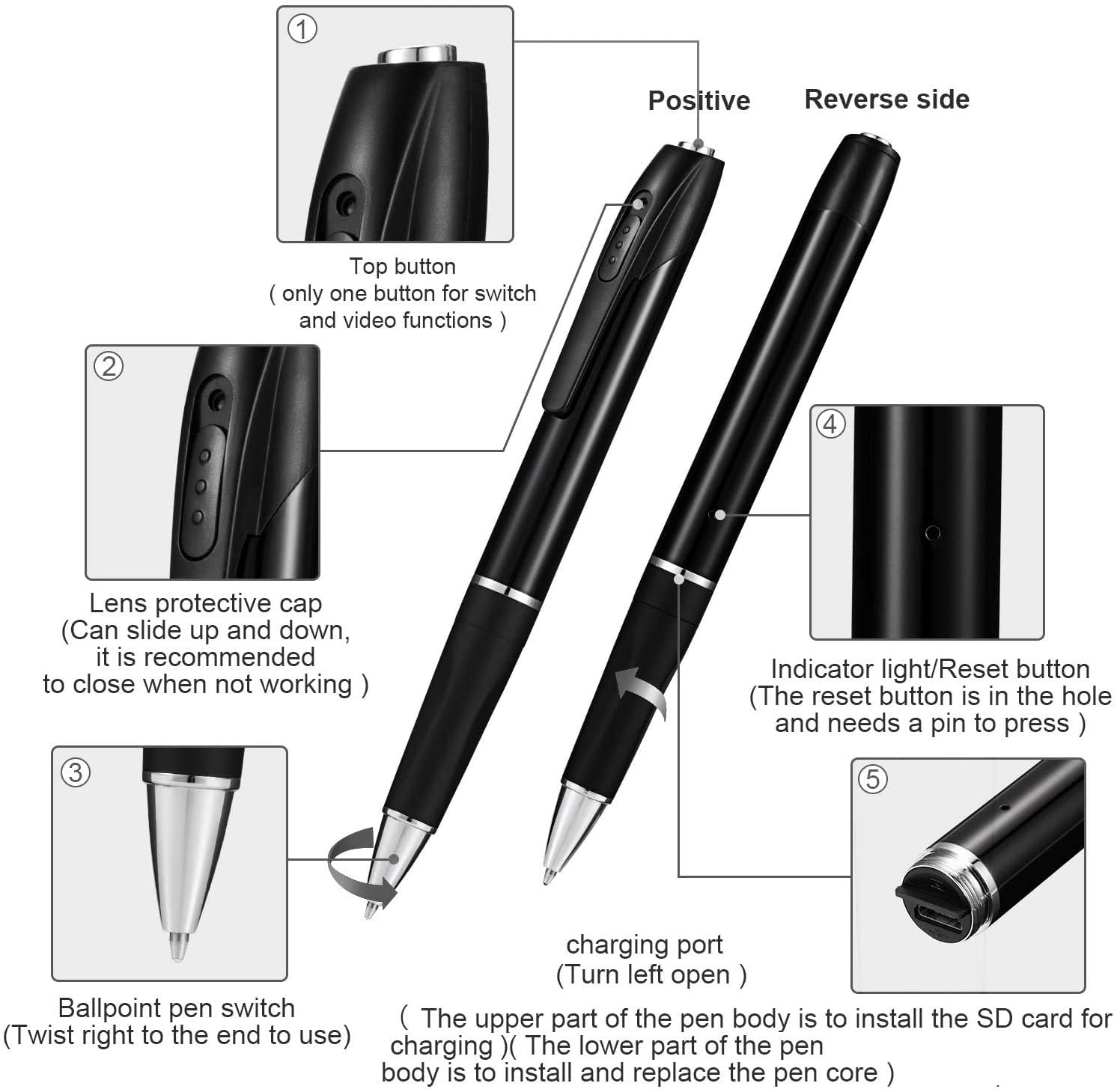 Caméra Espion Caméra Cachée Stylo 1080P Mini Caméra de Poche avec Carte 32 Go Caméra Stylo avec Enregistrement Vidéo Prise de Photo et 150 Mins d'Autonomie de la intérieur extérieur