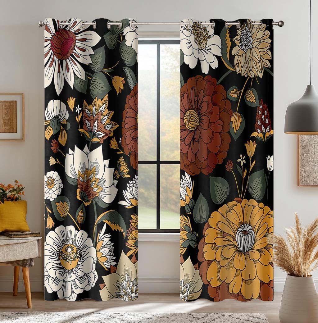 Black Boho Floral Blackout Curtains for Bedroom, Mid Century Morden Abstract Flowers Darnkening Grommet Curtains, Tropical Leaves Room Darkening Window Drapes for Living Room ,52Wx84L, 2Panels