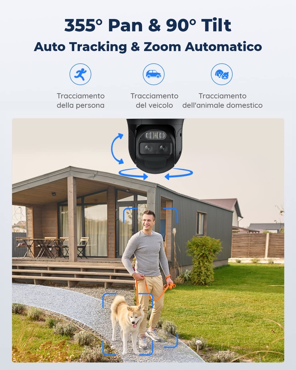 Reolink 4K Telecamera Senza Fili da Esterno a Batteria, 360° PTZ con Pannello Solare, Tracciamento Automatico, Doppia Lente, Visione Notturna a Colori, Rilevamento Intelligente, IP66, Trackmix