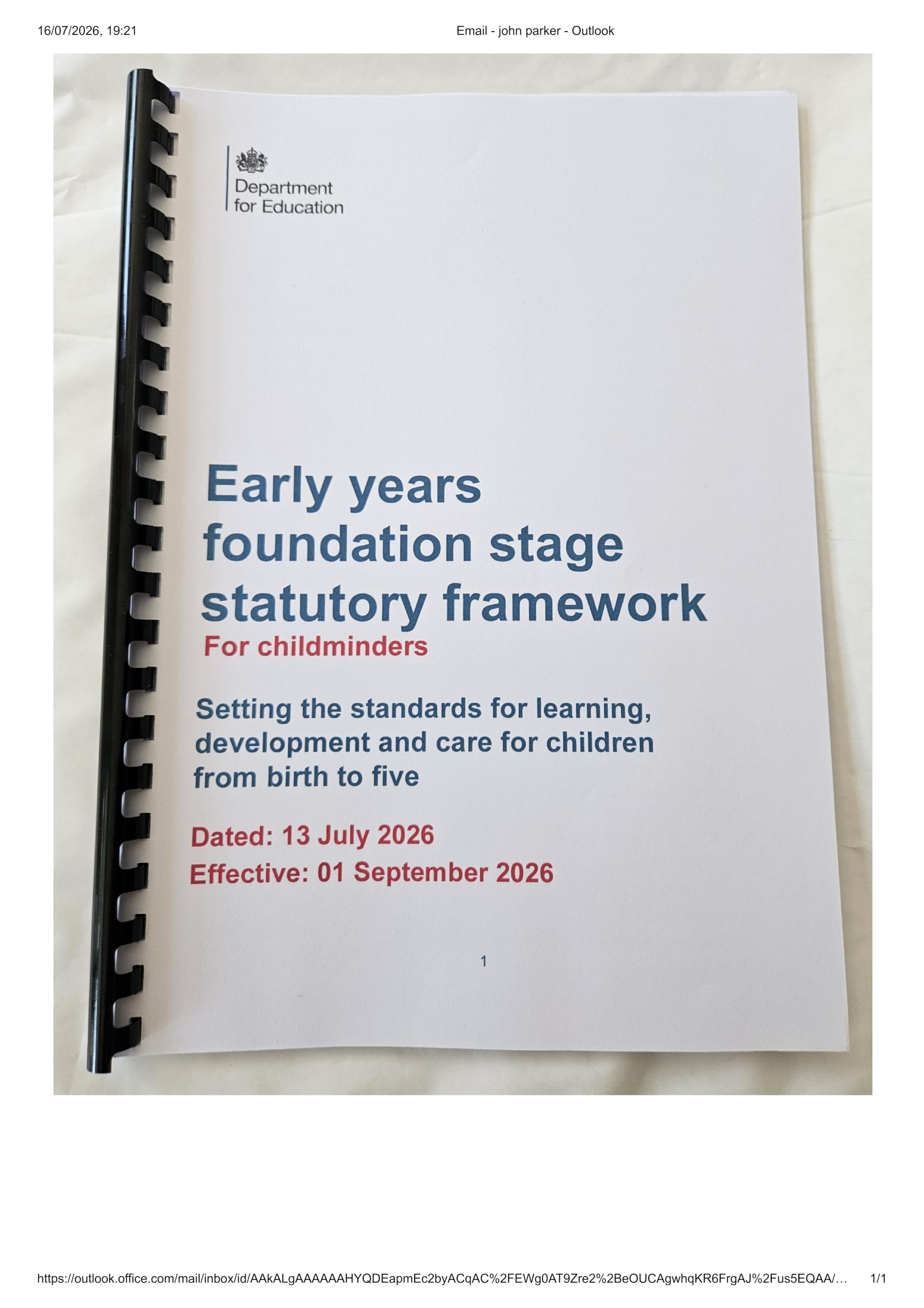 NEW VERSION Statutory Framework For Childminders Early Years Foundation Stage updated 1st September 2026