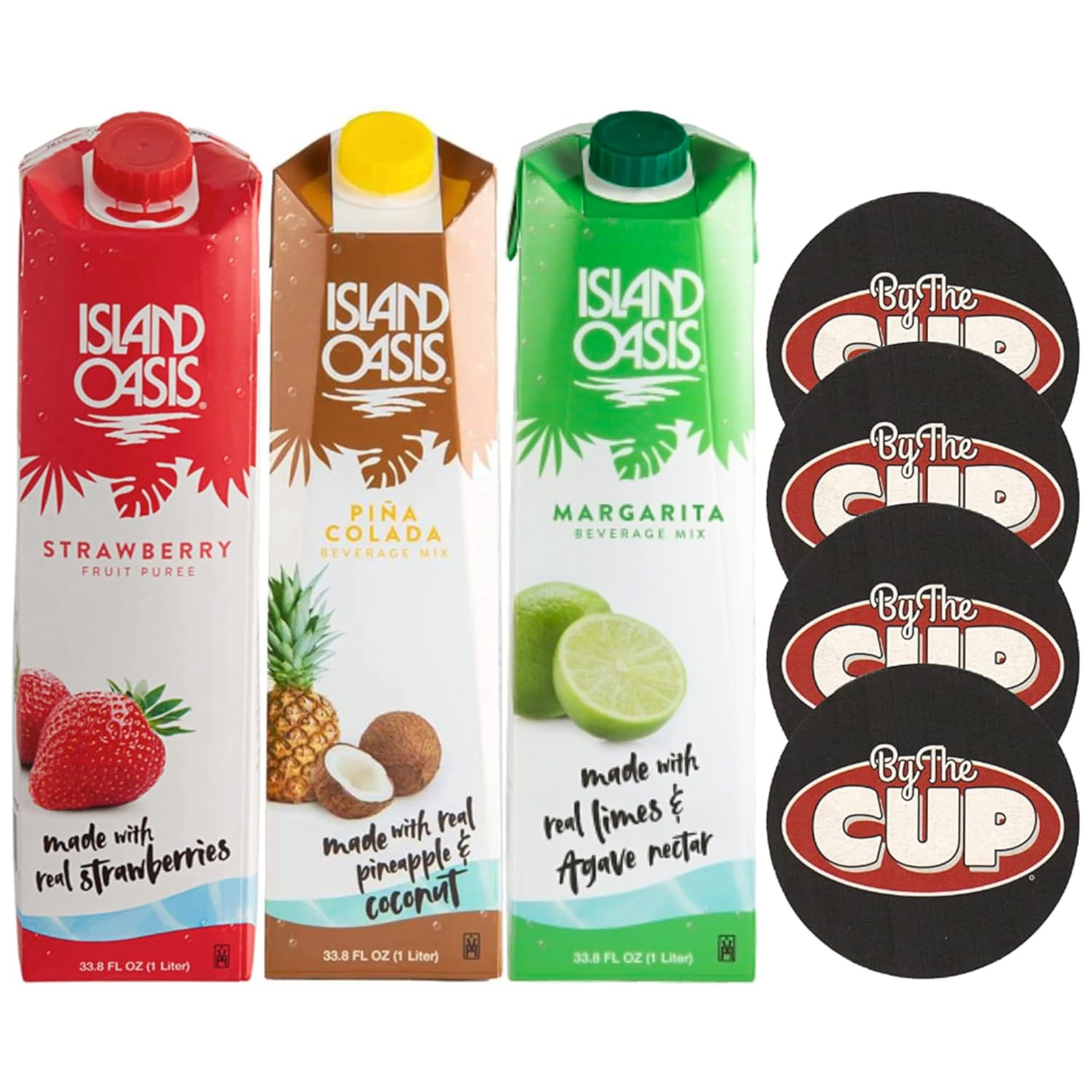 Island Oasis Drink Mix Variety, Strawberry Fruit Puree, Pina Colada, and Margarita Beverage Mix, 1 Liter of each with By The Cup Coasters