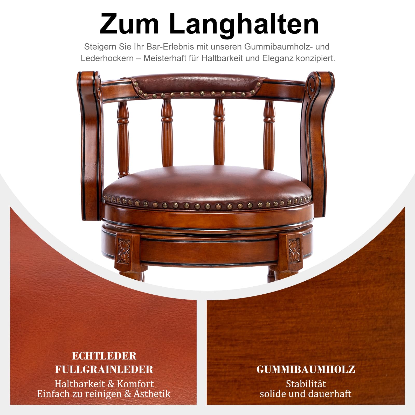Barhocker aus Leder mit Rindsleder, Sitzhöhe 66 cm, Drehstuhl für Zuhause, Küche, Theke, Mordener Stuhl, Esszimmer, Restaurant, Arbeitszimmer und Kneipe, 1 Stück
