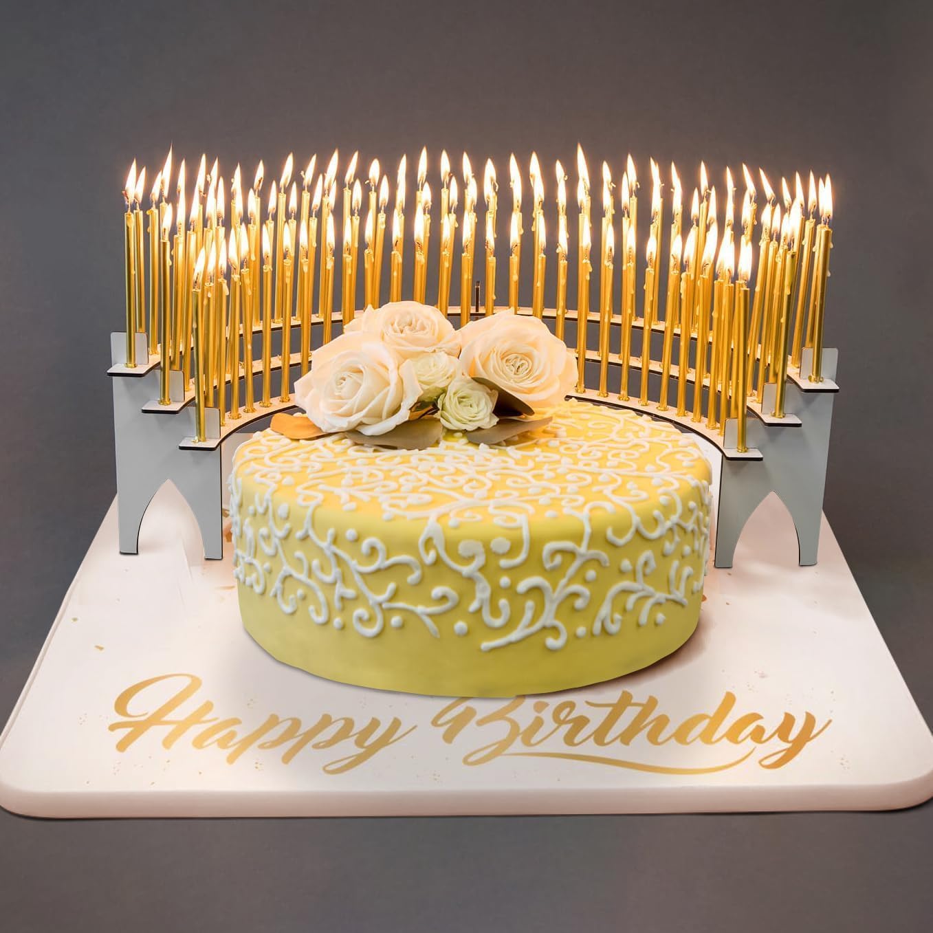 White Birthday Candle Holder Centerpiece + Birthday Tray Grandstand Combo – Holds Up to 100 Candles, Flame-Resistant Material – Ideal for Restaurants, Event Venues, and Elegant Birthday Celebrations