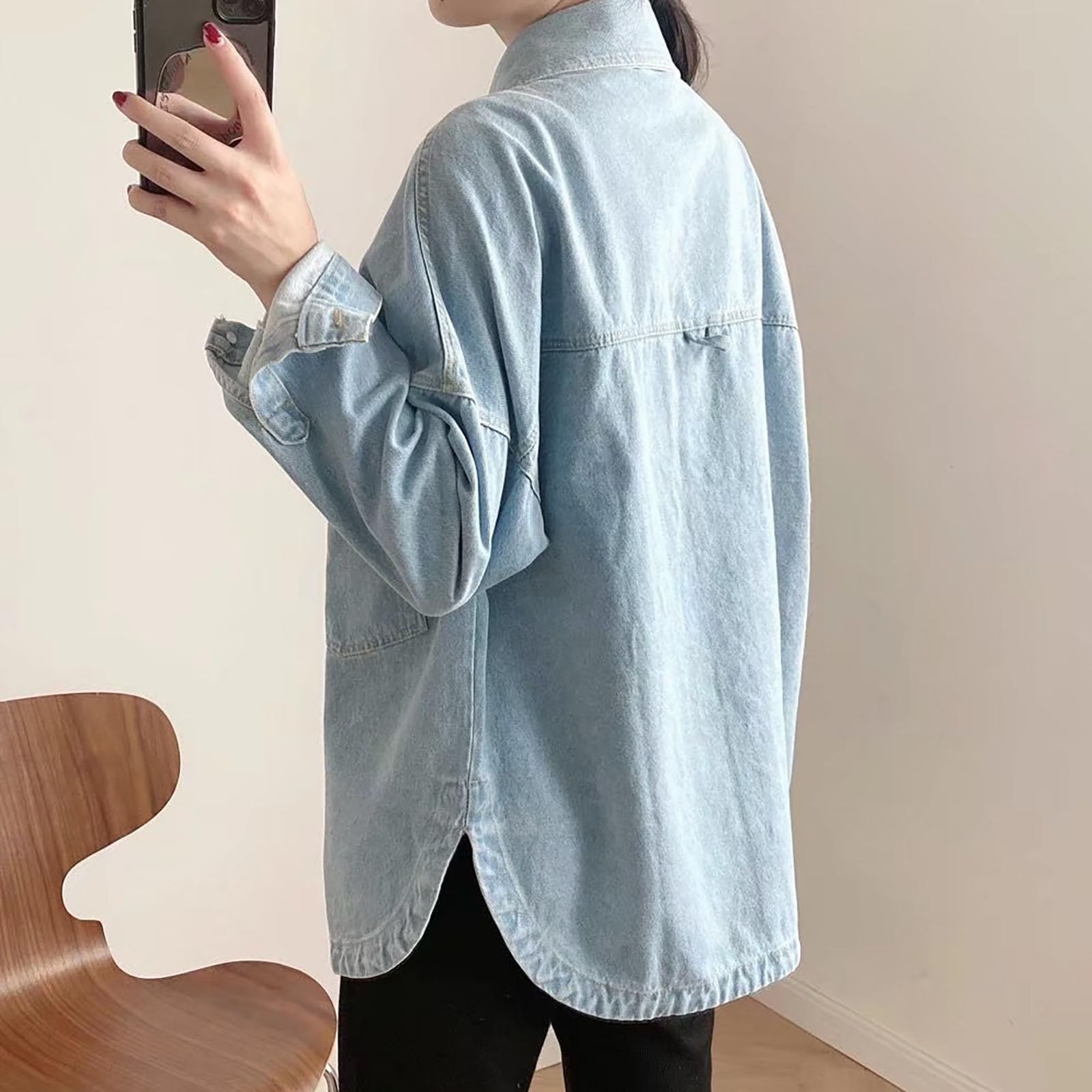 Blusa vaquera para mujer, larga, oversize con bolsillos en el pecho, parte superior con botones, manga larga, chaqueta vaquera, camisa vaquera, camisa vaquera, camisa vaquera, camisa vaquera, camisa
