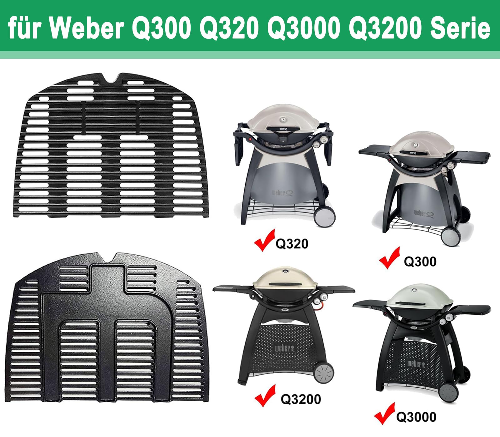 WELL GRILL Żeliwny ruszt do grillowania 7646, części zamienne do Weber Q300, Q320, Q3000, Q3200, seria grilla gazowego, ruszt żeliwny 45 cm, ruszt żeliwny do Weber 7584 586002 57060001, 2 sztuki