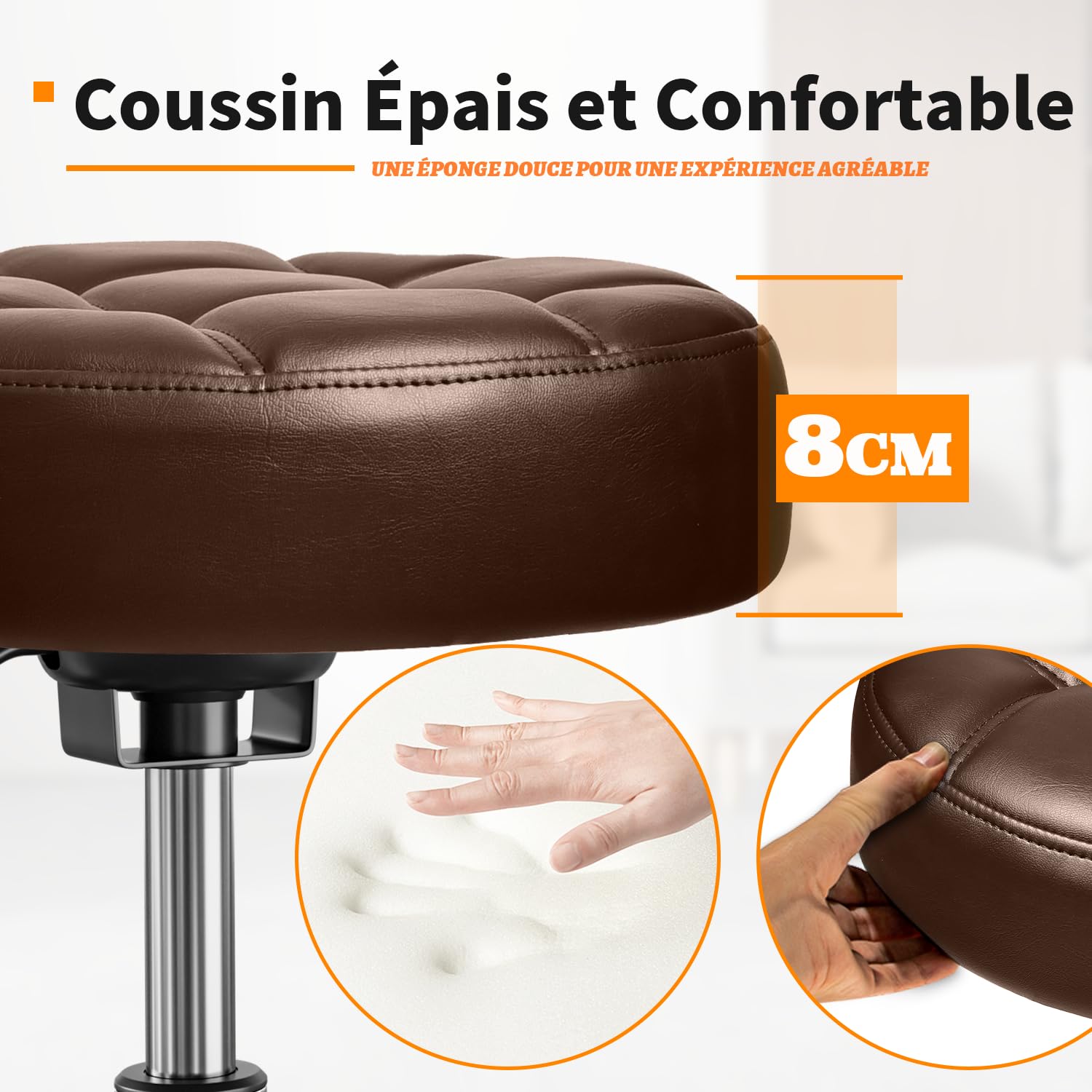 Tabouret Bureau à Large Cousin,Tabouret à Roulettes avec Repose-pied,Tabouret Roulettes Professionnel Réglable en Hauteur,Tabouret a Roulette avec Structure Métallique Robuste pour Cuisines (Marron)