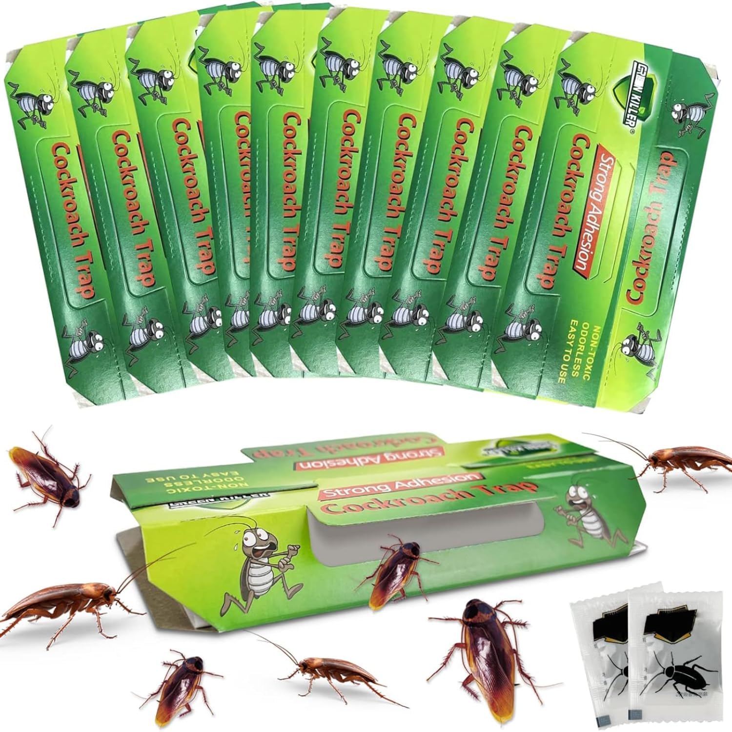 Cockroach Trap Sticky Glue Pads (10 PCS) Strong Adhesive Roach Catcher,Non-Toxic & Odorless Insect for Kitchen, Bathroom, Home Office, Easy to Use Pest Control Boards (Green) (Green)-image-9