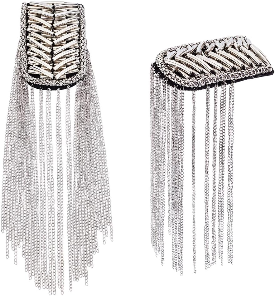 2Pcs Rhinestones Shoulder Board Tassel Iron Curb Chain Tassel Rivet Epaulettes Shoulder Chain with Brooch Fringe Shoulder Pads Decorative for Men Women Costume Uniform Dress Accessory