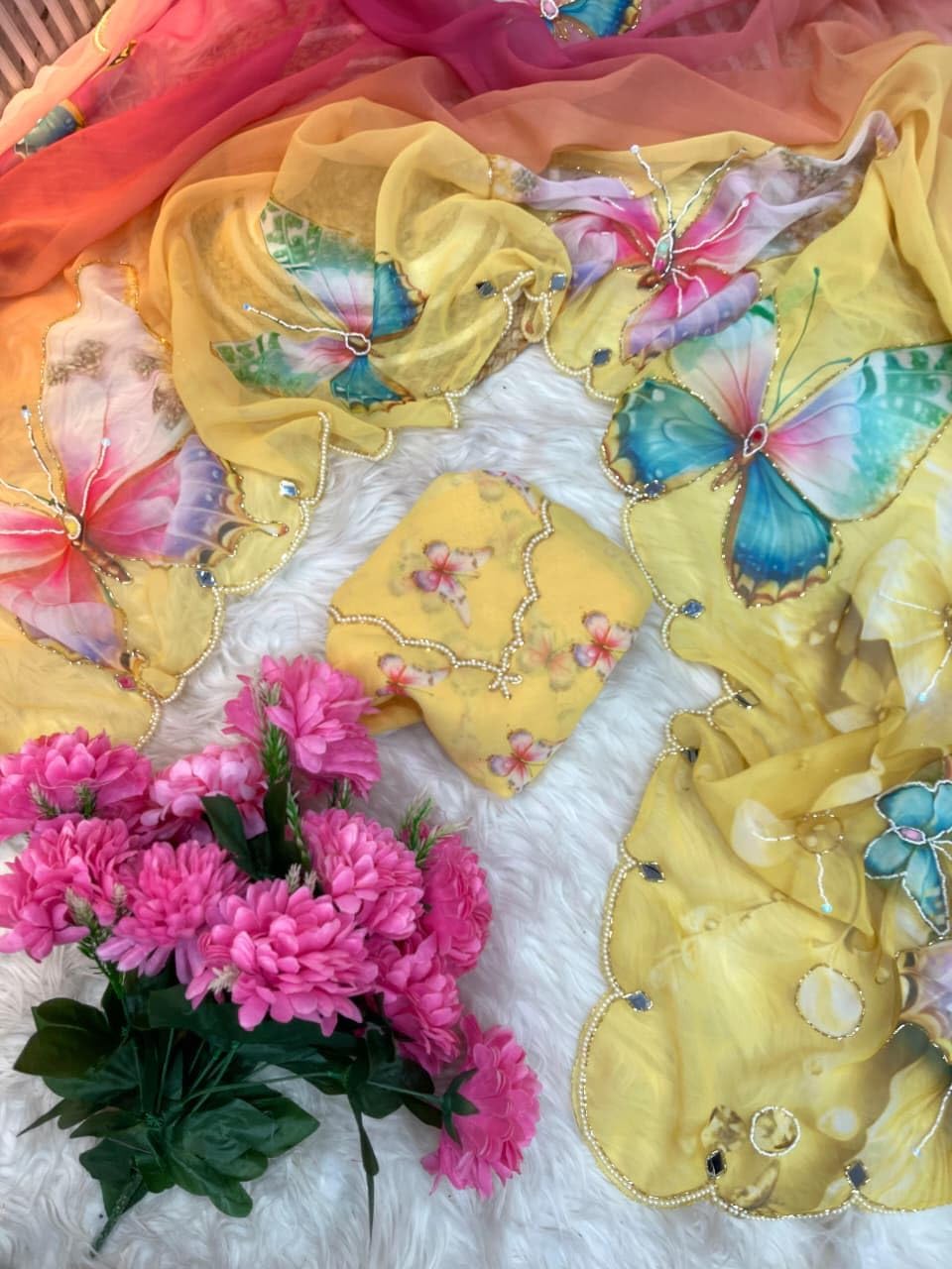 Women Georgette Silk Saree with Butterfly Print & Hand Work | Mirror Moti Border Party Wear Saree with Blouse
