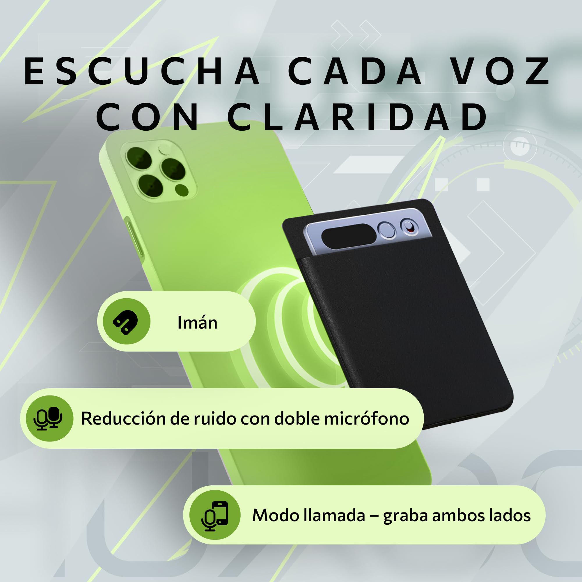 Grabadora de Voz – 64GB con Doble Micrófono y Reducción de Ruido – Batería de 35h, Bluetooth 5.3 – Transcripción y Traducción por App (118+ Idiomas) – HUXGO®