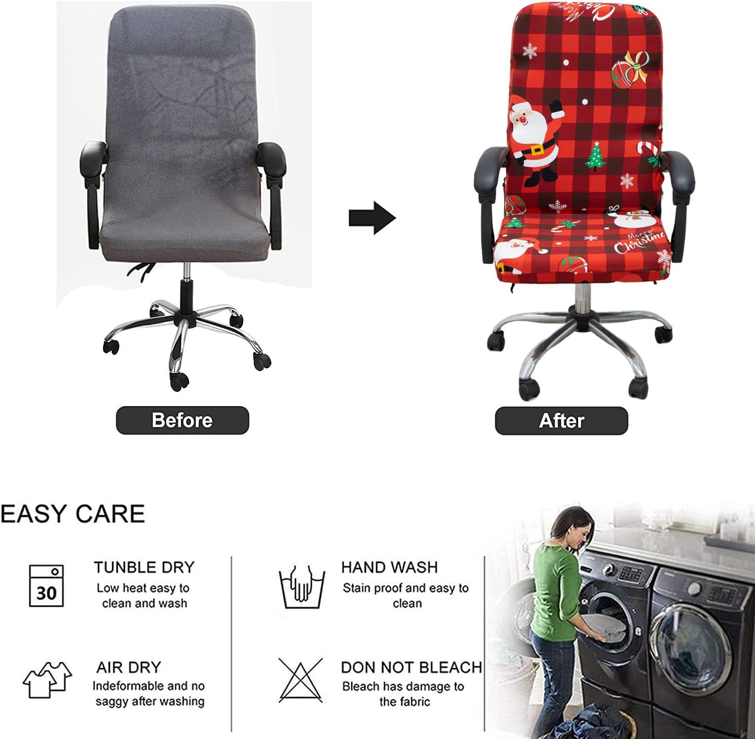Christmas Office Chair Cover,Universal Removable Washable Anti-Dust Printed Snowman,Candy Cane,Evergreen,Snowflake,Buffalo Plaid Stretch Computer Chair Slipcovers with Zipper(L,Christmas-06) image 2