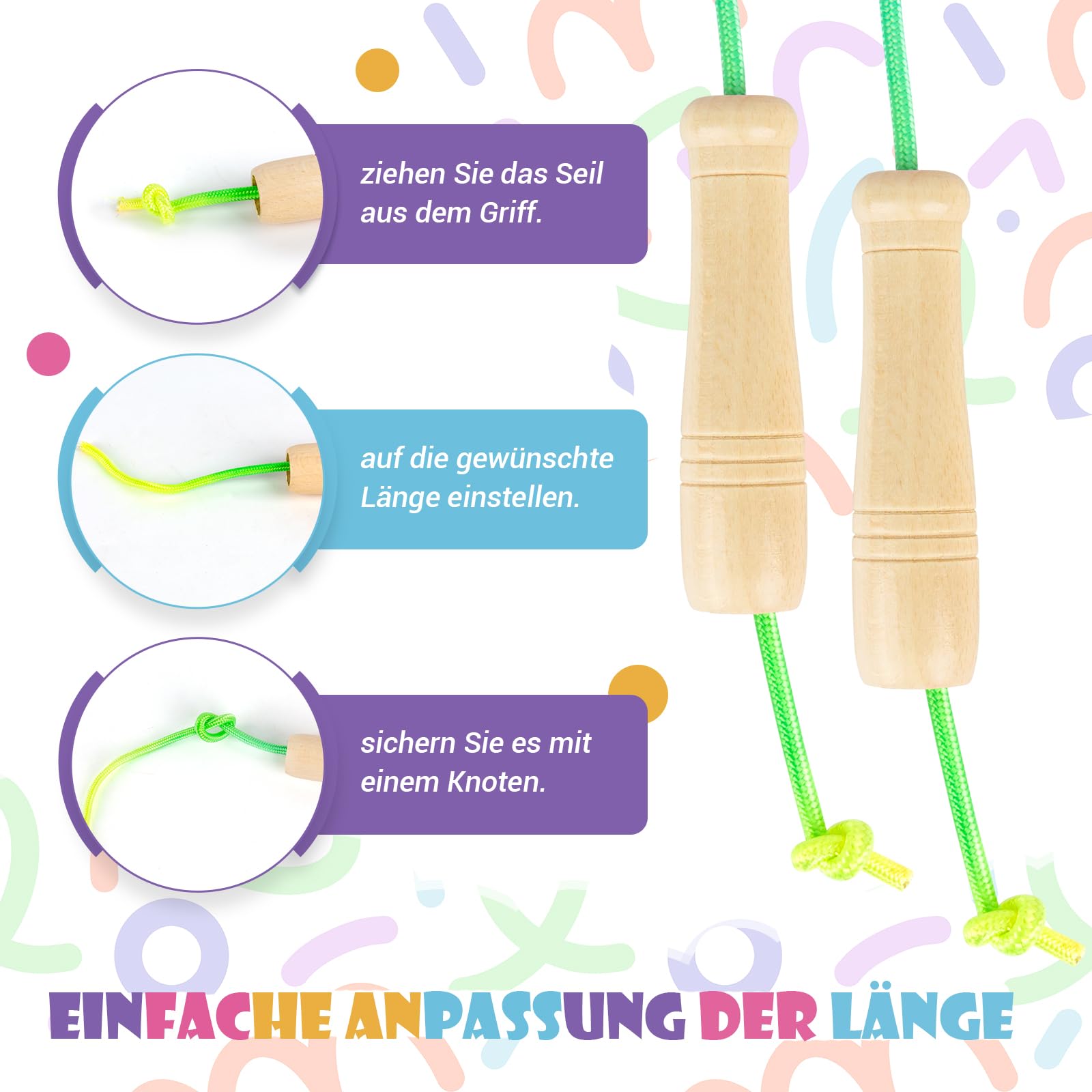 Corda Per Saltare Bambini Arcobaleno | Regolabile Fino A 250 Cm, Manici In Legno, Cotone - Foto 5