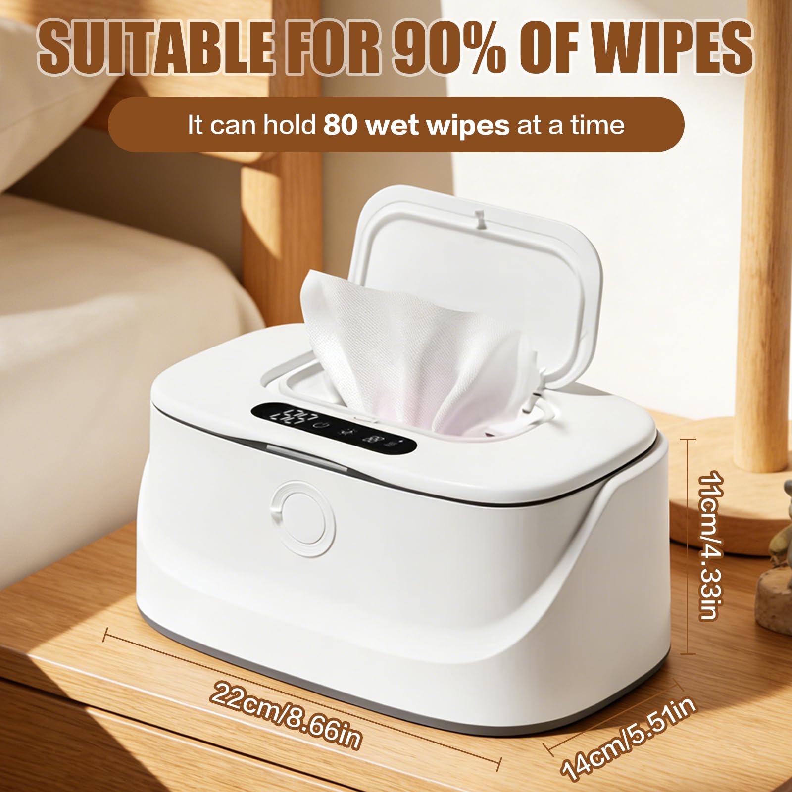 Baby-Feuchttuchwärmer, 3 Heizstufen & Nachtlicht, USB-C Baby Feuchttücher Heatsbox Schnell Erwärmender Feuchttücher Wärmer, Tragbarer Wipes Heizbox für Auto, Babyzimmer, Reisen (22×14×11 cm)