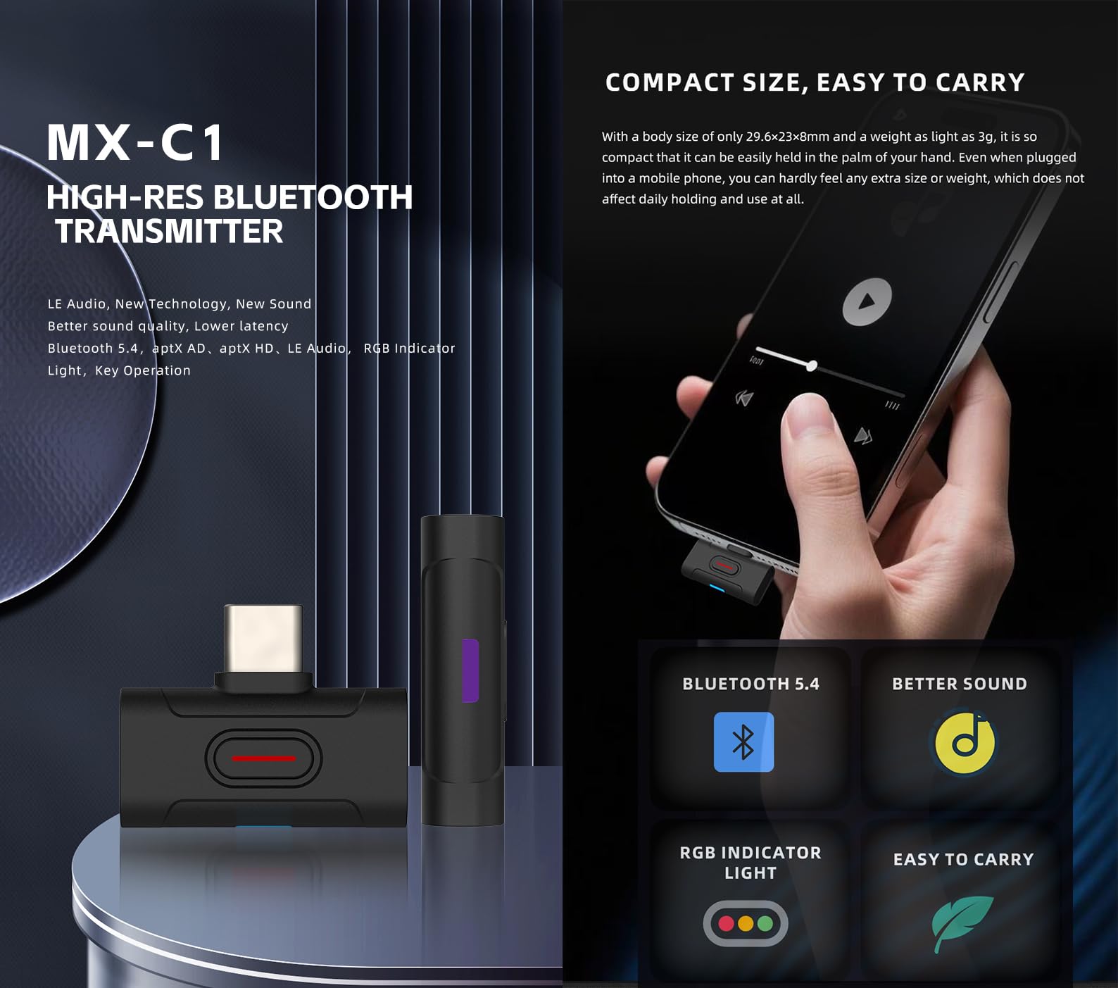 xDuoo MX-C1 Hi-Res Bluetooth 5.4 Trasmettitore USB-C - Supporta SBC/aptX/aptX HD/aptX Adaptive/LE-AUDIO/LC3/aptx Lite, adattatore Bluetooth a bassa latenza per PC/Smartphone/Tablet/PS5/Switch