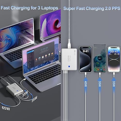Miniatura 7 de Bloques de carga rápida de 240 W, estación de carga de 8 puertos para iPhoneiPadMacBook, caja de carga PD GaN 6C2A, concentrador de torre USB, cable