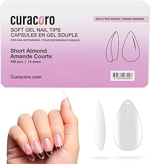 Curacoro Sculpted Short Almond Gel Nail Tips 420Pcs, Clear Full Cover Soft Acrylic Tips 14 Sizes, Easy to Use, Long-Lasting, Glossy Finish