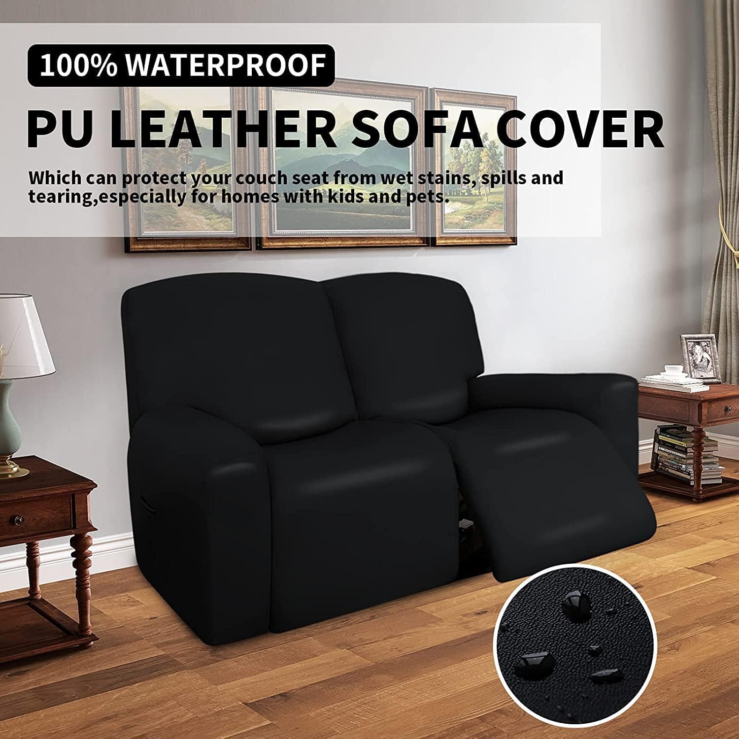 Waterproof Recliner Sofa Cover PU Leather Recliner Sofa Slipcovers Stretch Reclining Couch Cover Furniture Protector with Side Pocket for Living Room (Color : Black, Size : 2 Seater 6-Piece)