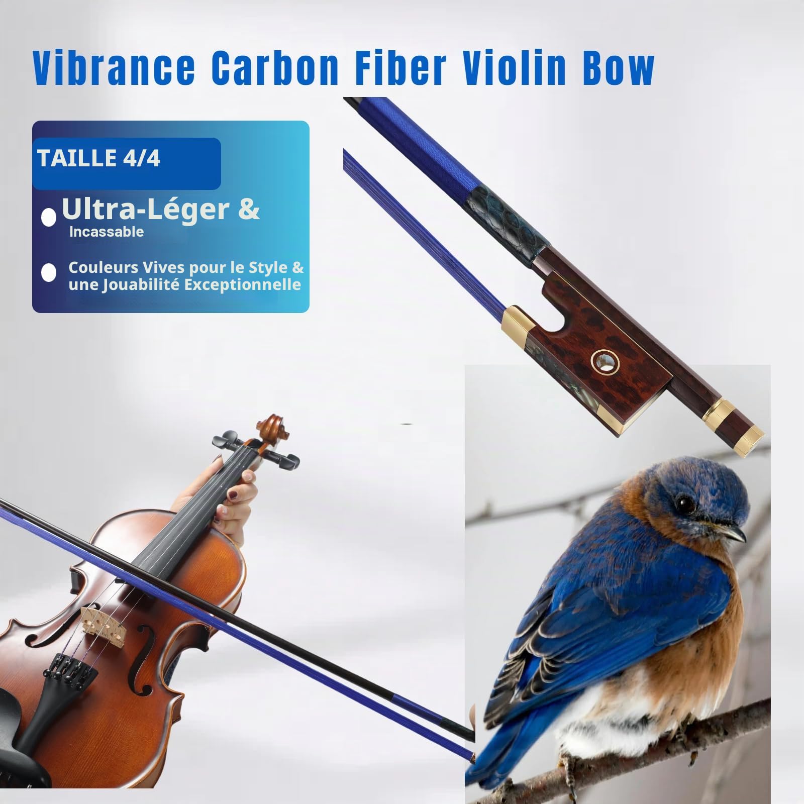 Archet de violon en fibre de carbone 4/4 ultra léger et incassable avec crin de cheval coloré, incrustations de grenouille en bois de serpent et nacre, qualité professionnelle pour les voyages et les