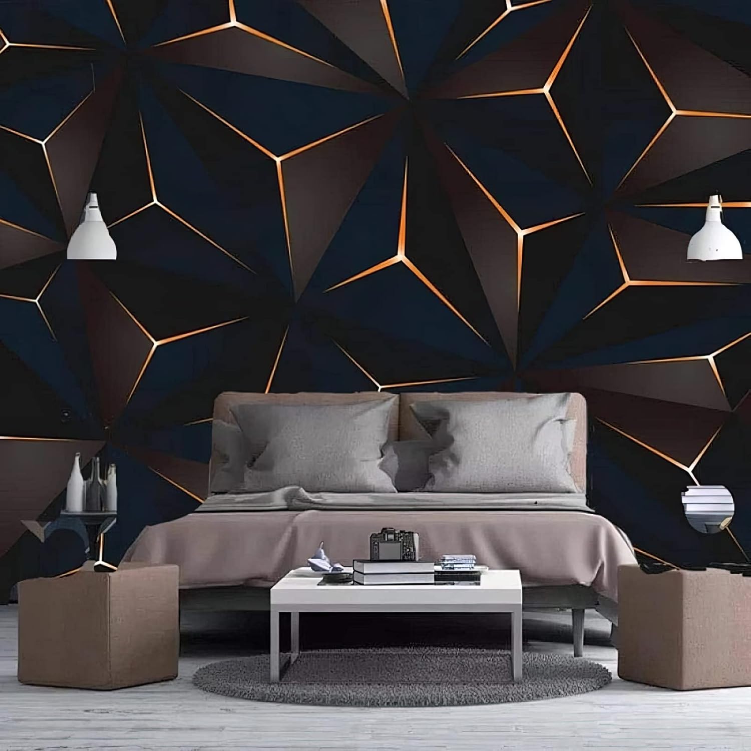 LUVISS Abstract Black & Gold Geometry 3D Mural Wallpaper, Luxury Geometry Photo Wall Mural, 10 Sheets, Silk Material, Satin Surface, 196.85"x124.8" (W x H)