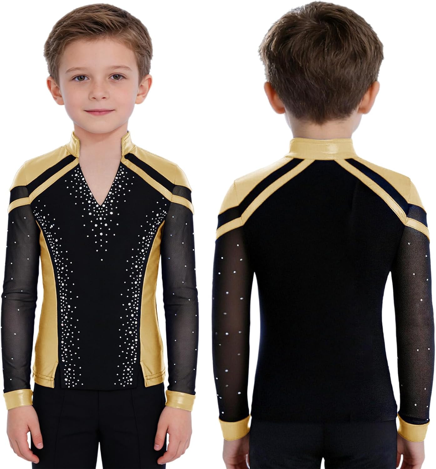 JEYPINMI Boys Pullover Color Block Latin Jazz Dance Performance Tops V-Neck Figure Skating Shirts Competition Costume