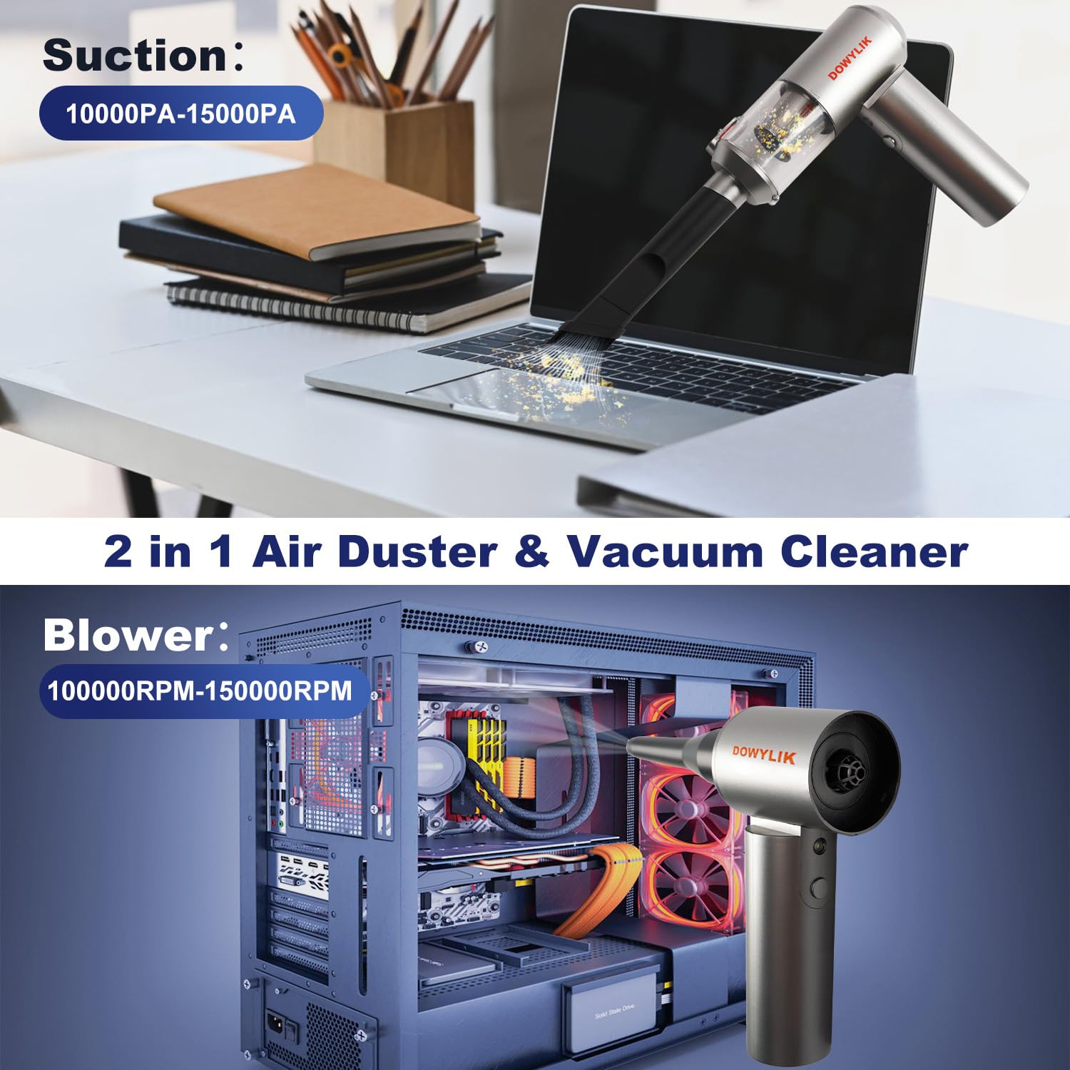 DOWYLIK Compressed Air Duster, 150,000RPM Compressed Air with LED, 2-in-1 Mini Vacuum, Electric Air Duster for PC Cleanning Kit, Canned Air Duster for Computers-Air Blower for Electronics with Case