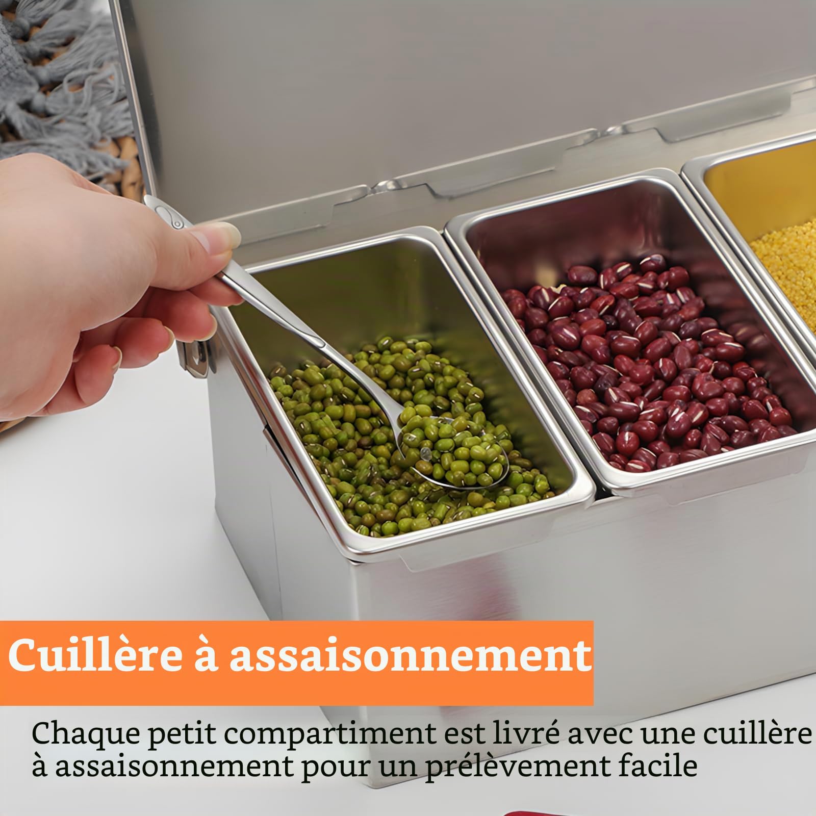 PORFOYO Boîte à Ingrédients En Acier Inoxydable 4 Compartiments: Organisateur De Condiments à 4 Compartiments, Avec Couvercle Et Cuillère, Station De Garniture De Pizza Pour La Maison à Domic