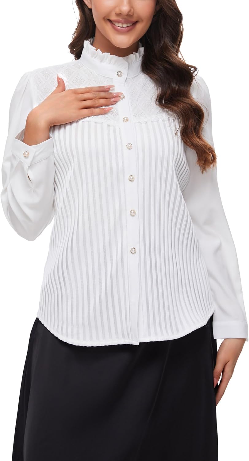 Womens Classic Victorian Shirt Button Down Long Sleeve Blouse - Image 5