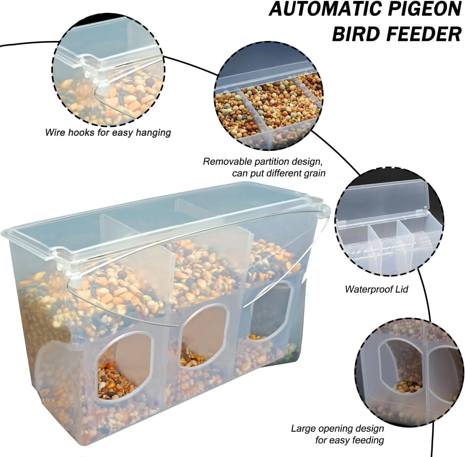Automatic Pigeon Bird Feeder Water, 2 Pack Plastic Feeder Water Dispenser Drinkers for Cage, No Mess Hanging Parrot Food Feeding, Cage Accessories for Parakeet Quail Bird Chicken (3 Hole-Iron Wire)