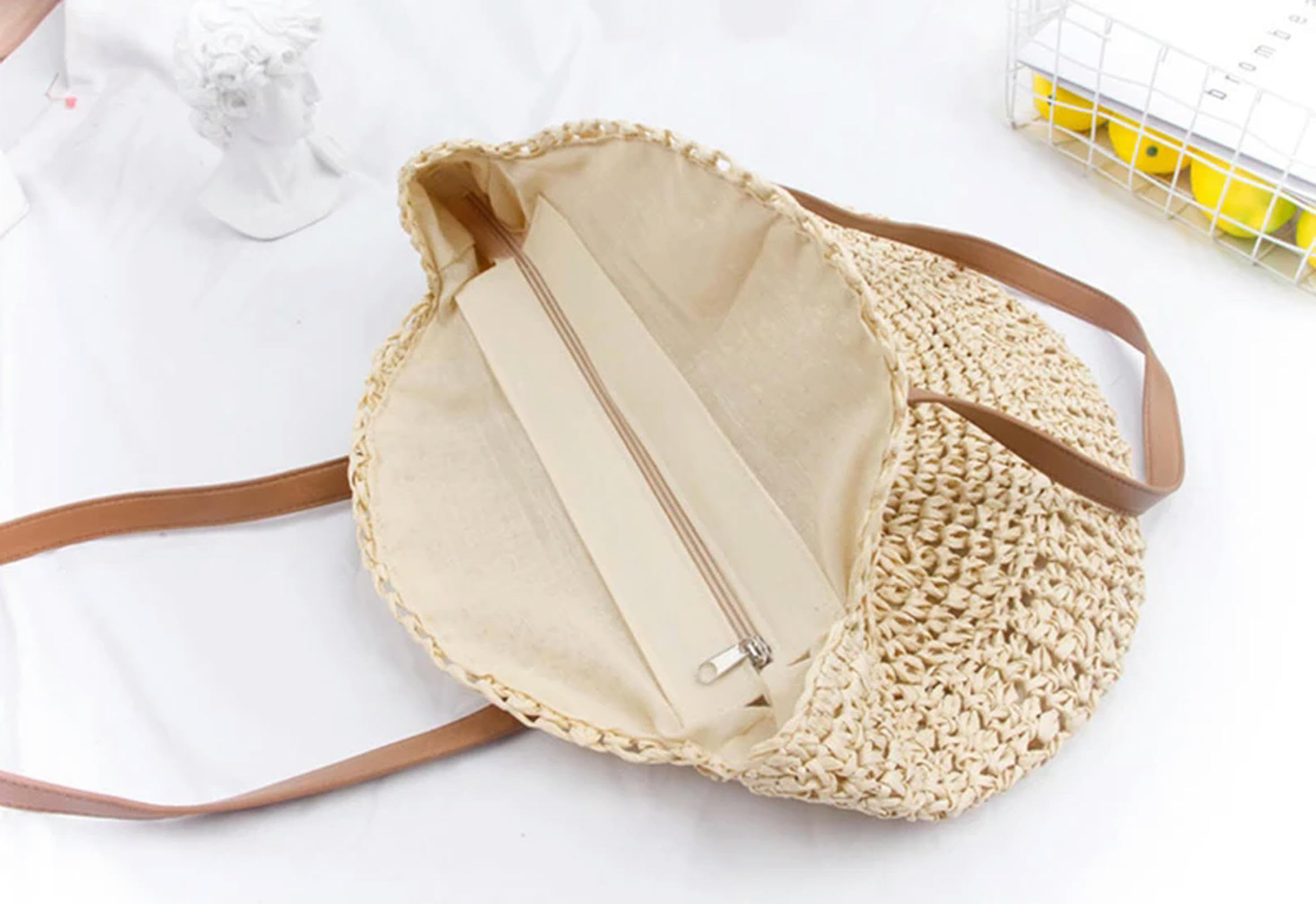 strohtaschen Damen Runde Stroh Beach Bag Vintage Handgewebte Umhängetasche Rattan Tasche Sommer Urlaub Casual Bag-beige