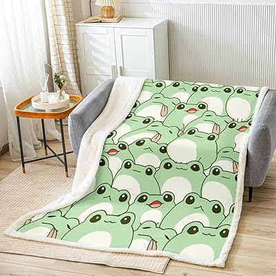 Manfei Cute Frog Throw Blanket Amphibian Animal Bed Blanket for Kids Boys Girls Room Decor, Green Cartoon Frog Blanket for Couch Sofa, Soft and Breathable Fleece Blanket(60 x 80 Inches)