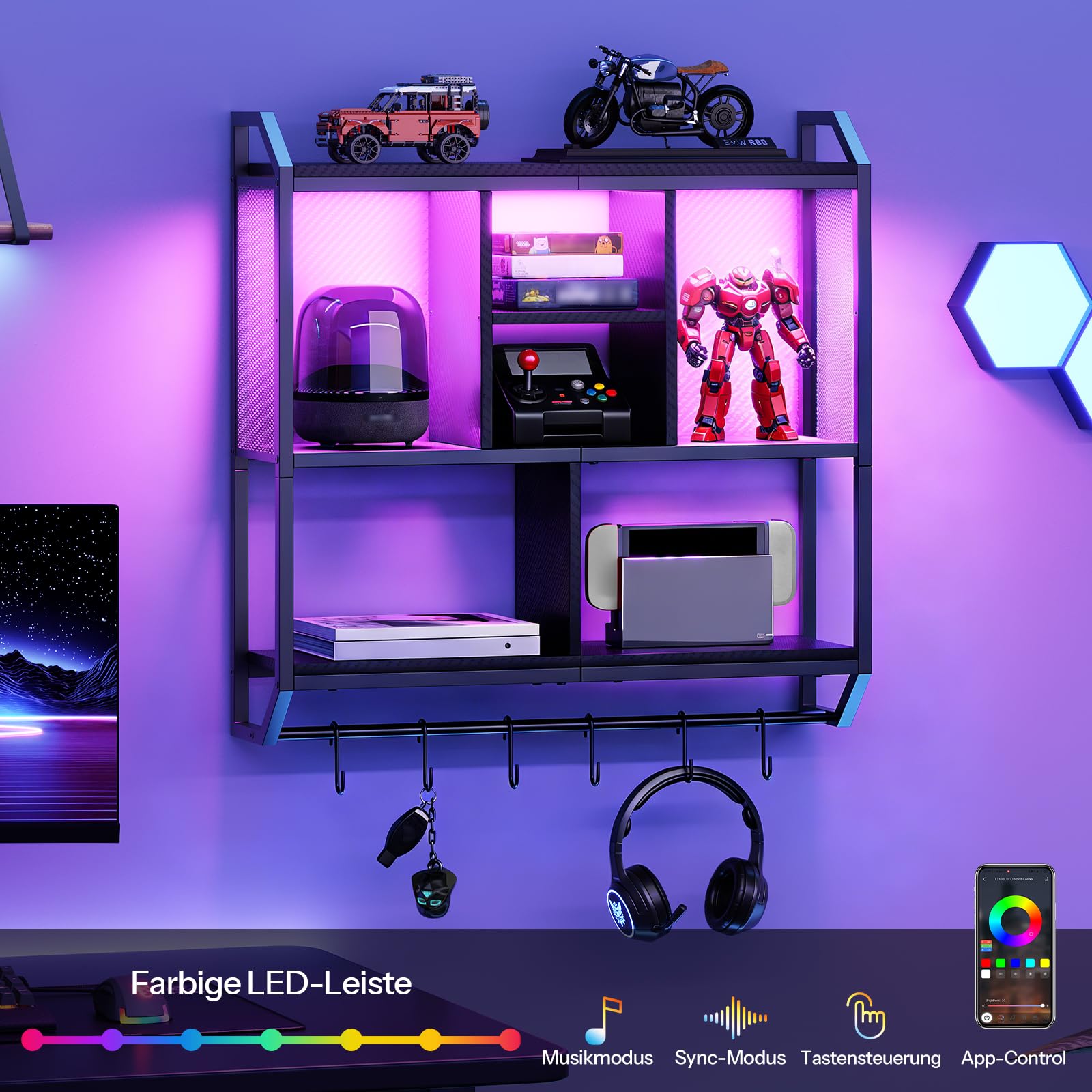 HOOBRO Mensola da Muro a 4 Livelli, Mensola da Cucina a LED, Scaffale Verticale a Parete, Galleggiante con Striscia LED, 6 Ganci, per Sala Giochi, Cucina, Bar Caffè, Bar, Nero EBB70DBJ01