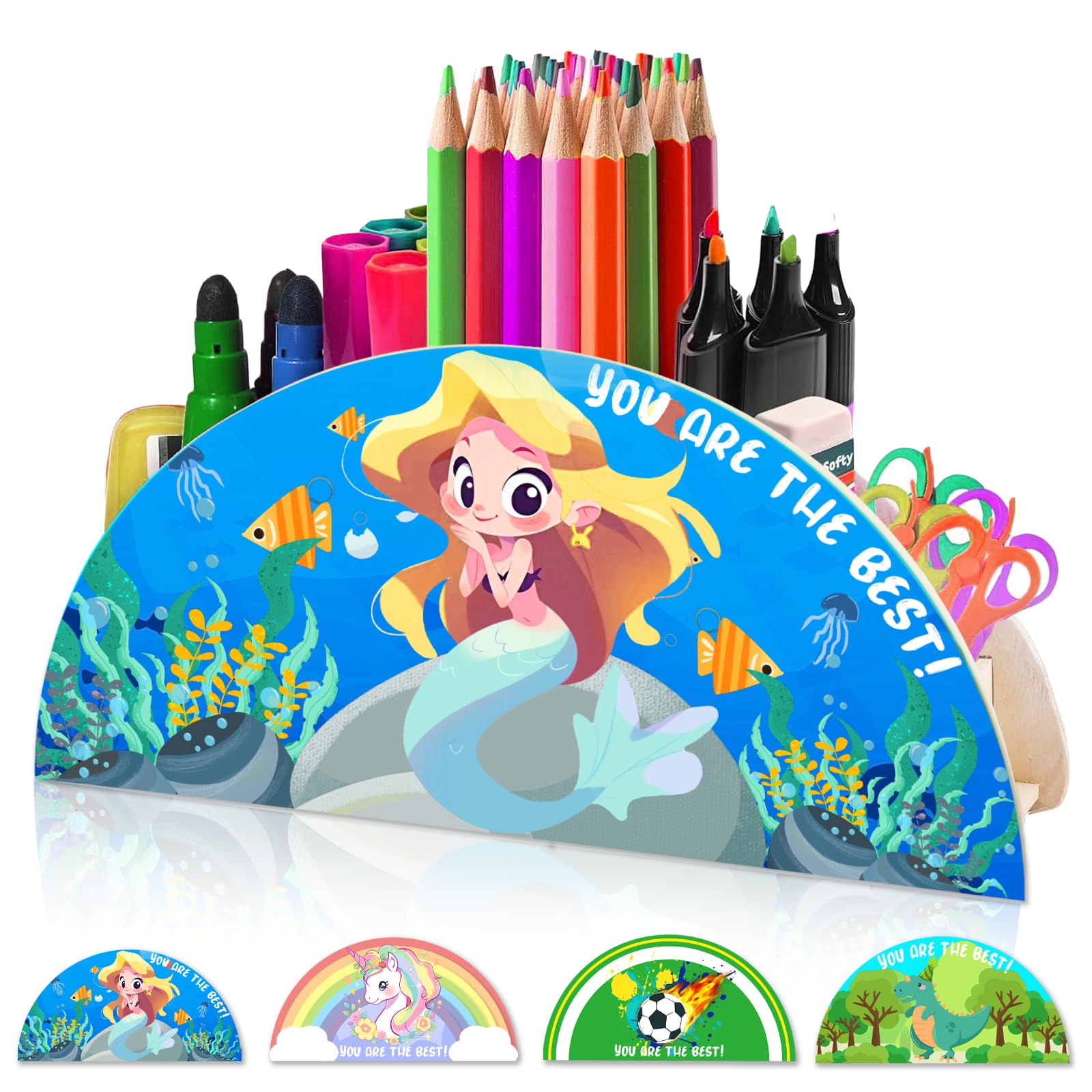 AUNGKWANG Sirena Organizador de Escritorio Portalápices para Niños, Portalápices de Madera Niños, Organizador Escritorio de Madera, Adecuado para Caja de Lápices y Organización de Aulas