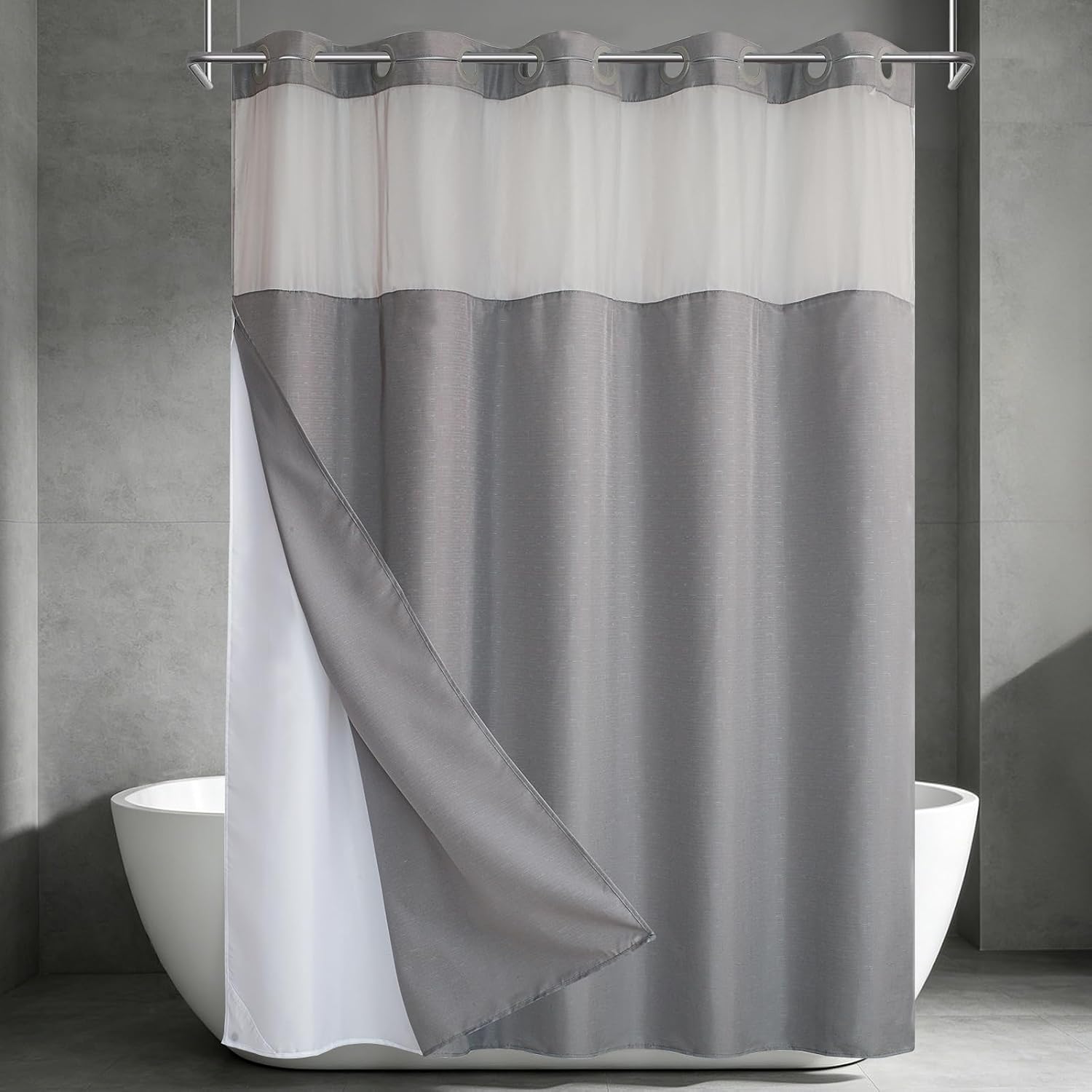 No Hook Slub Textured Shower Curtain with Snap in Fabric Liner, Modern Hotel Style with See Through Top Window, Grey Fabric Outer Curtain & Waterproof Inner Liner, 72 * 75 in
