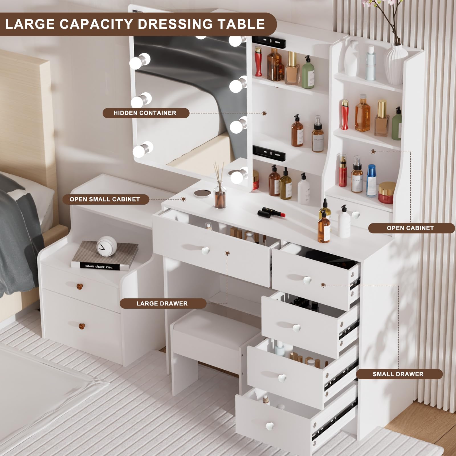 Toeletta Trucco Con Luci E 6 Cassetti - Specchio, Sgabello, Bianco 80x36x130 Cm - Foto 6