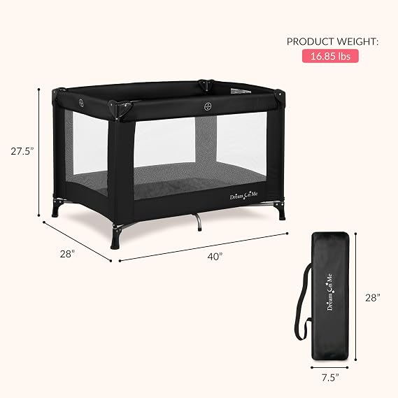 Dream On Me Nest Portable Playard in Black with Carrybag an Shoulder Strap, Lightweight, Packable and Easy Setup Baby Playard, Breathable Mesh Sides and Soft Fabric -  with a Removable Padded Mat
