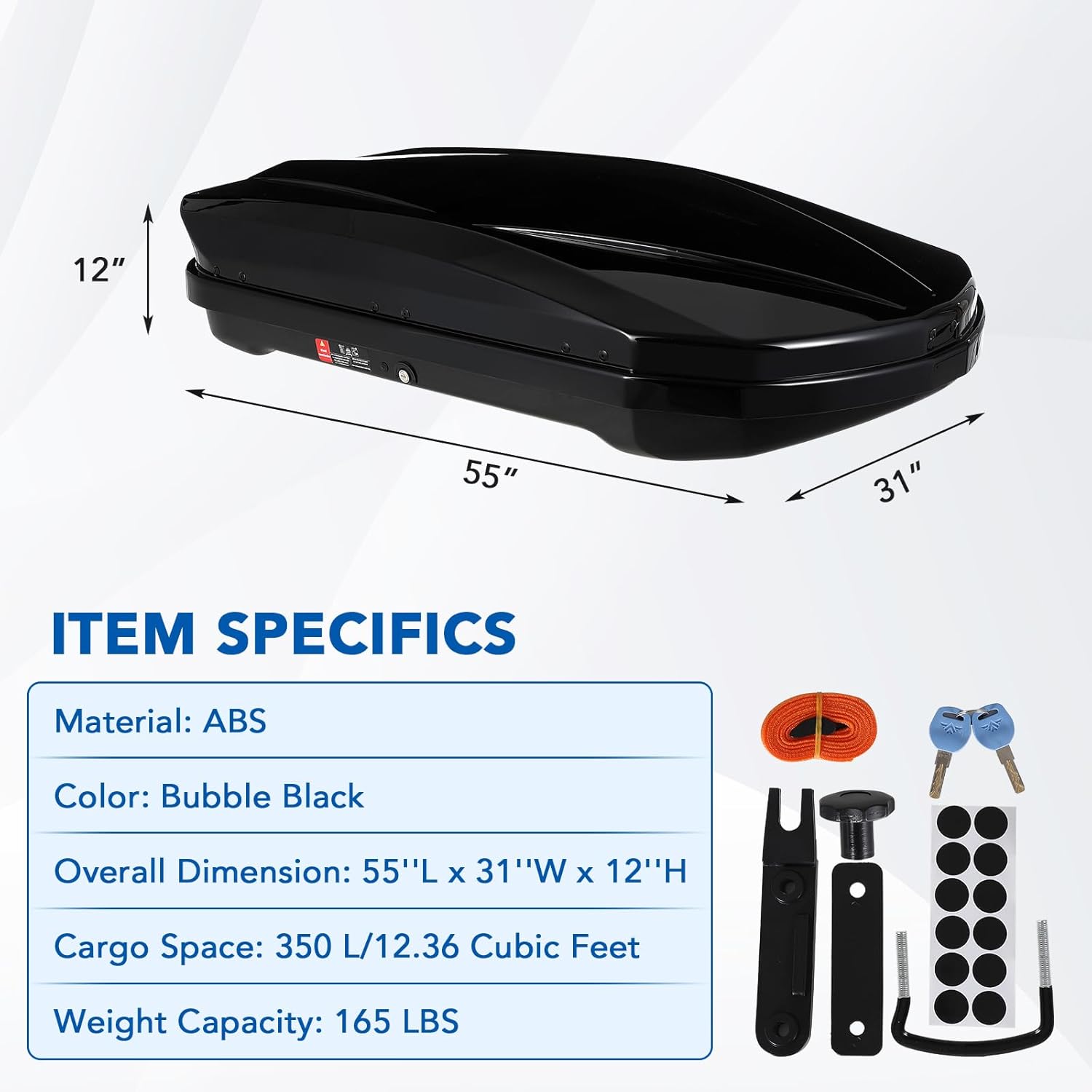 Heavy-Duty Hard Shell Roof Top Cargo Carrier for Car/SUV/Truck - Waterproof, Dual-Sided Opening, Lock & Security Keys, Tool-Free Install, Reinforced Straps, 165 lbs, Black - 350L Storage