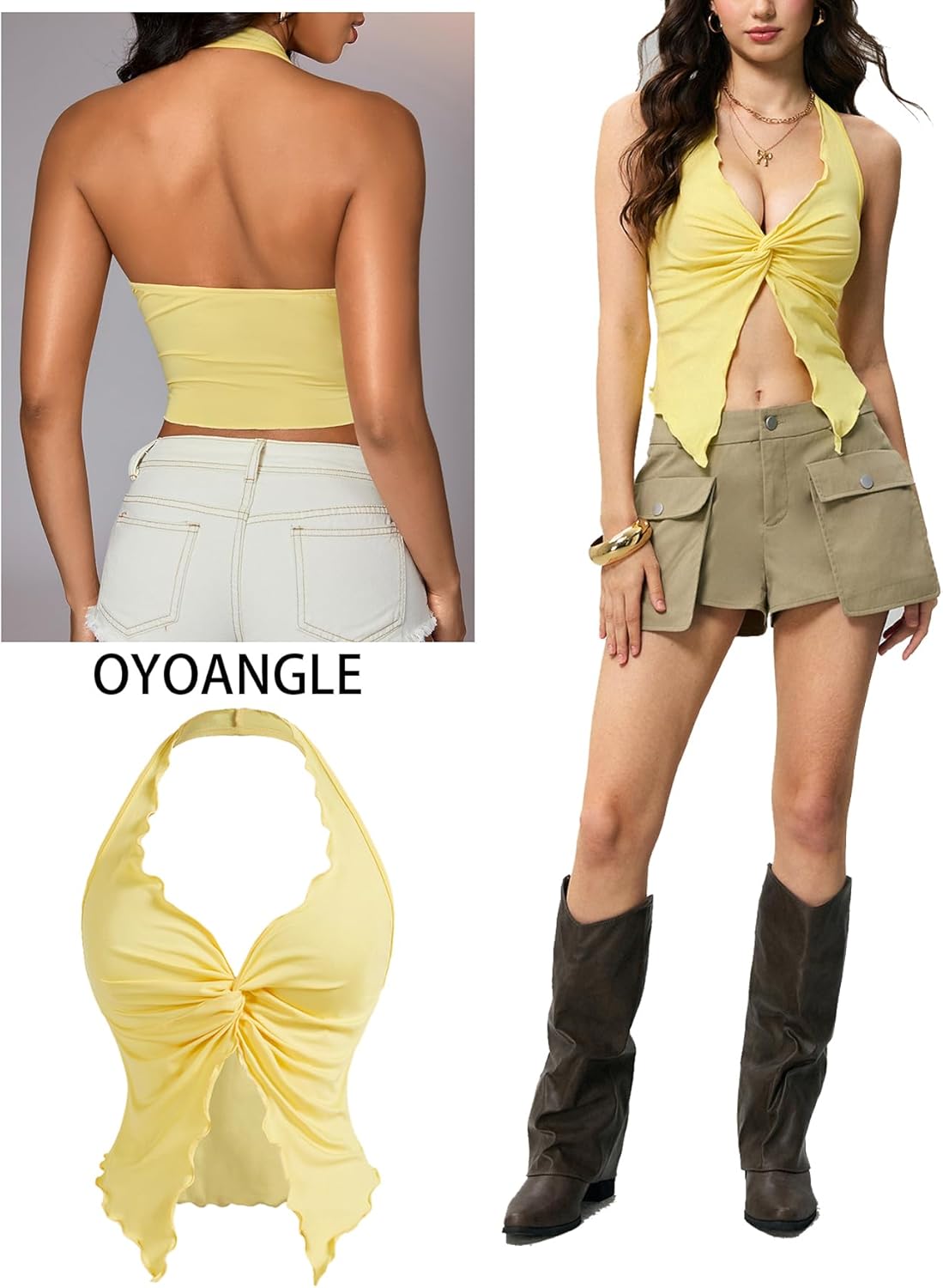 OYOANGLE Women's Sleeveless Halter Crop Top Twist Front Ruched Asymmetrical Crop Blouse Shirt Y2K - Image 4