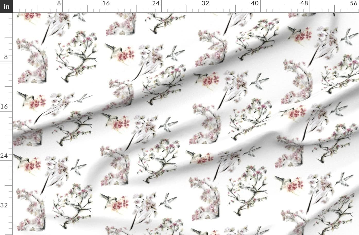 Spoonflower Fabric - Hummingbirds Flowers White Background Hummingbird Asian Floral Pink Printed on Organic Cotton Sateen Fabric by The Yard - Sewing Quilting Apparel Home Decor