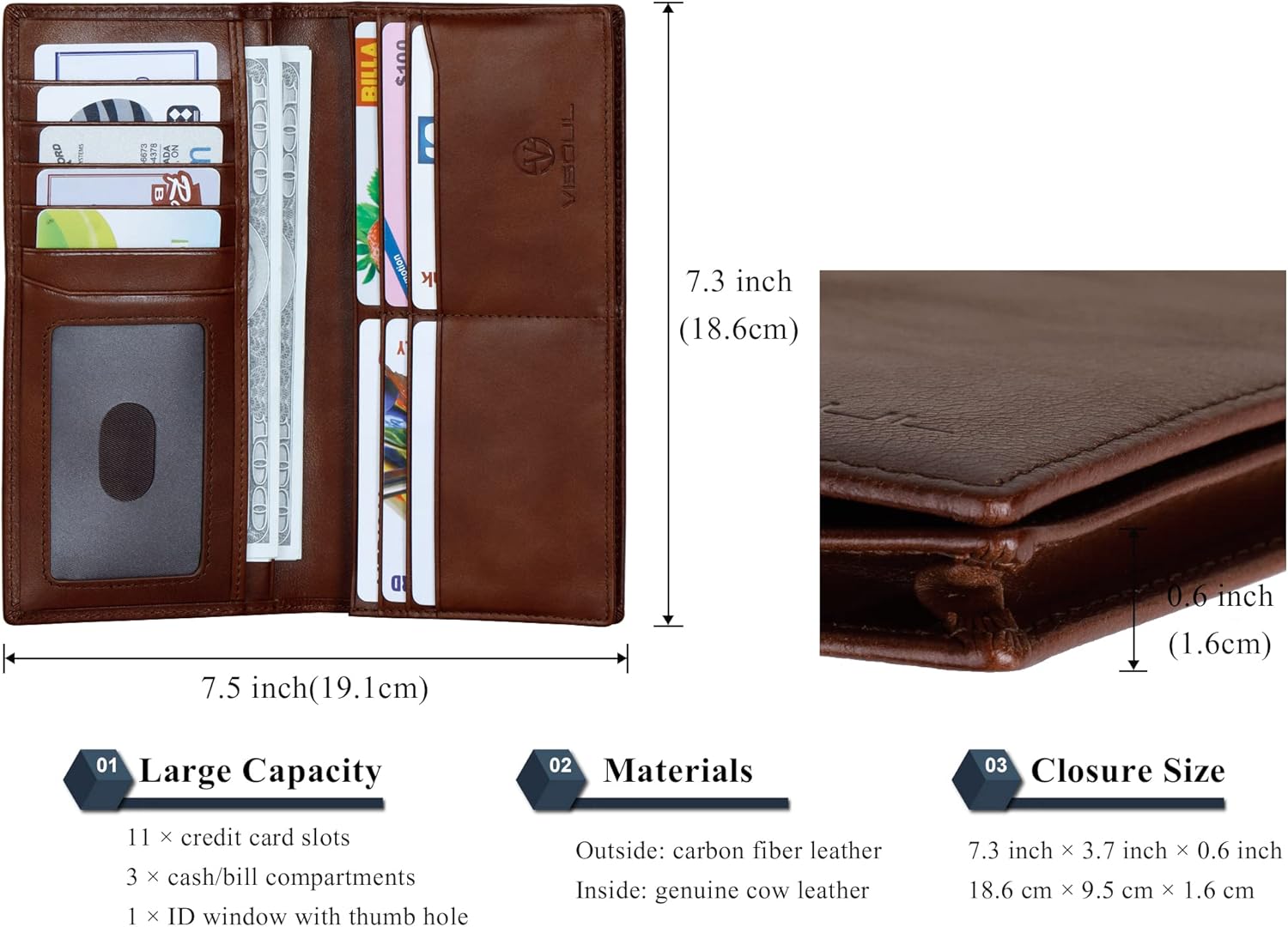 VISOUL Leather Checkbook Cover Wallet for Men with RFID Blocking, Mens Long Bifold Cash Tall Wallet with 11 Credit Card Slots 1 ID Window (Brown) - Image 3